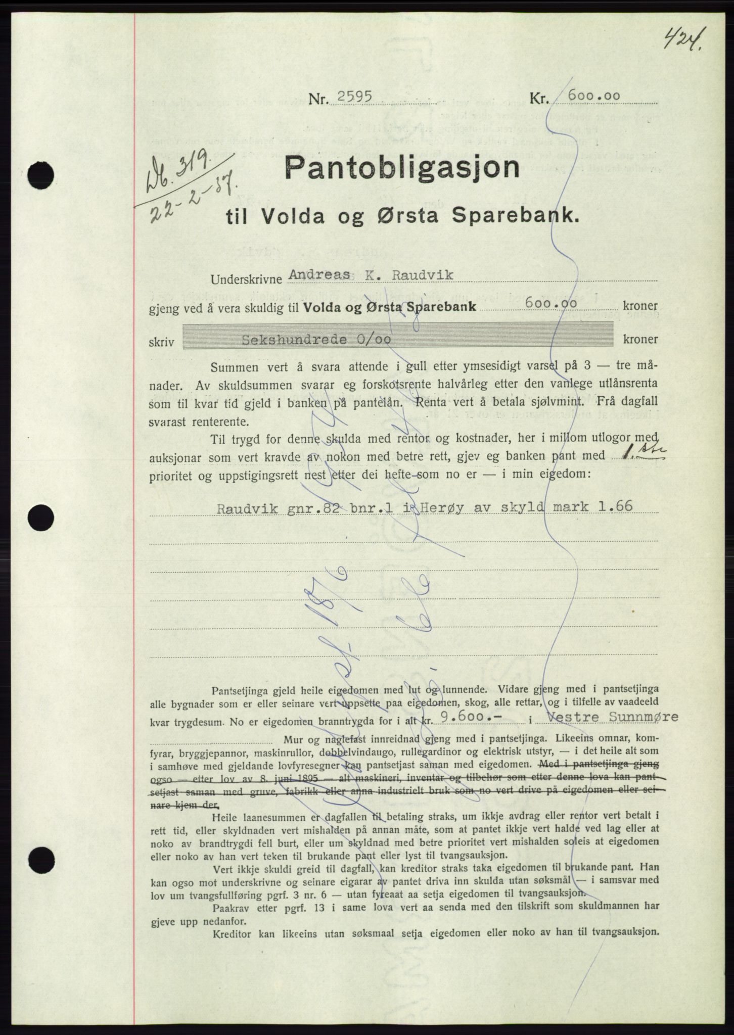 Søre Sunnmøre sorenskriveri, SAT/A-4122/1/2/2C/L0062: Pantebok nr. 56, 1936-1937, Dagboknr: 319/1937