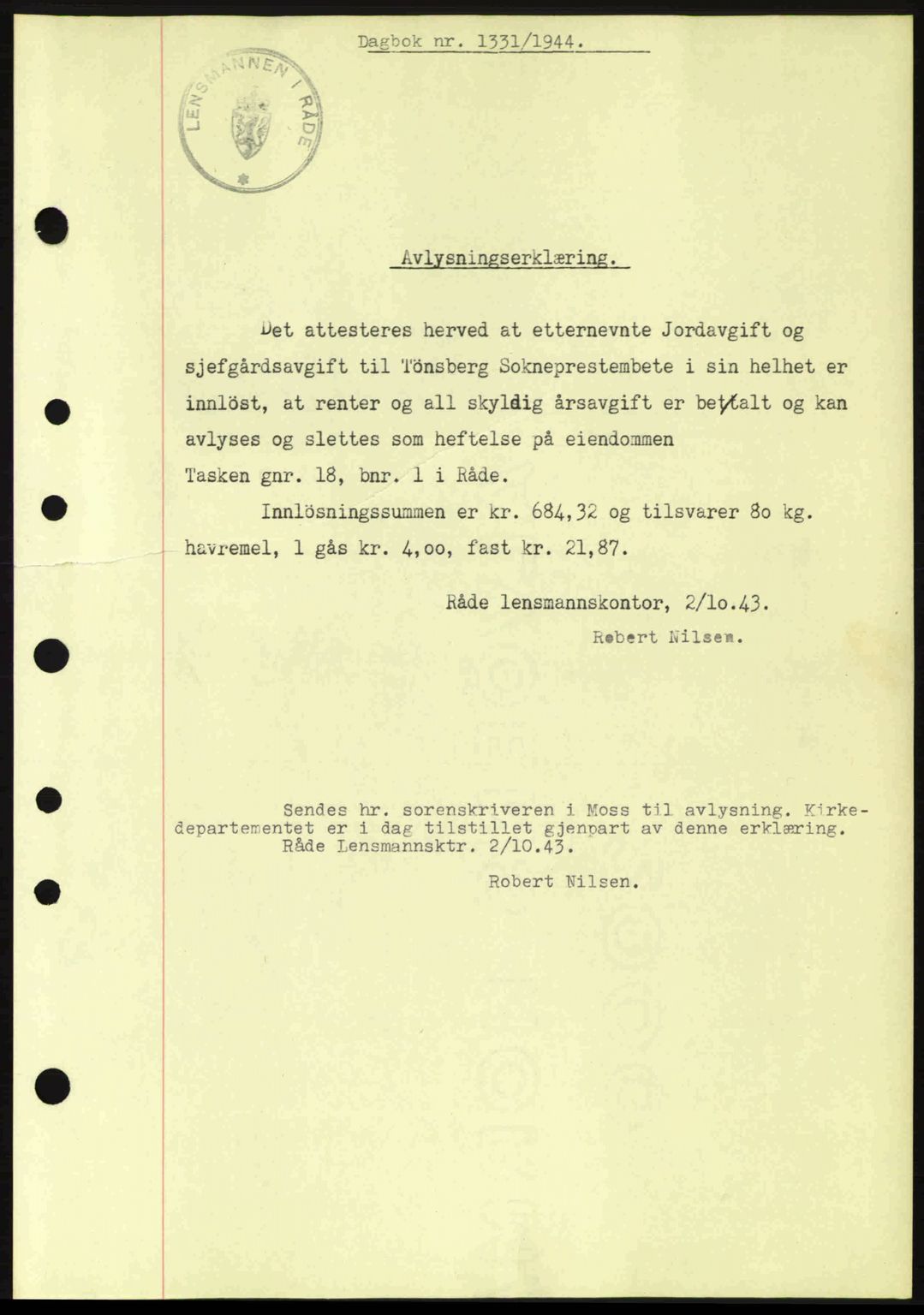 Moss sorenskriveri, SAO/A-10168: Pantebok nr. B13, 1943-1945, Dagboknr: 1331/1944