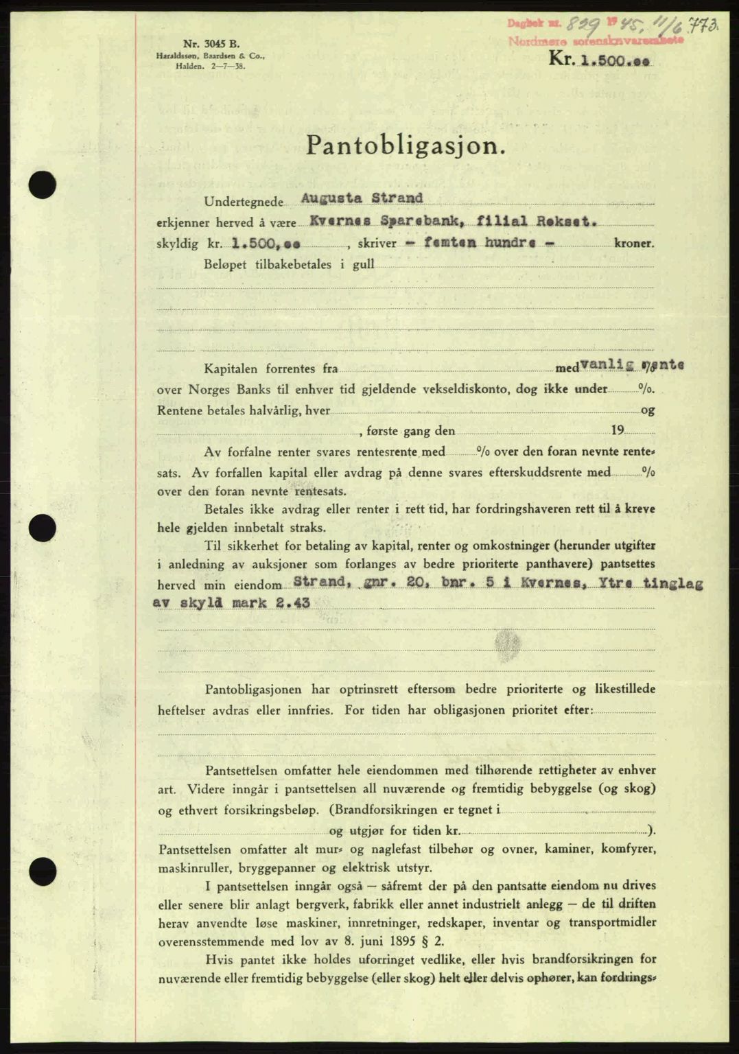 Nordmøre sorenskriveri, AV/SAT-A-4132/1/2/2Ca: Pantebok nr. B92, 1944-1945, Dagboknr: 829/1945