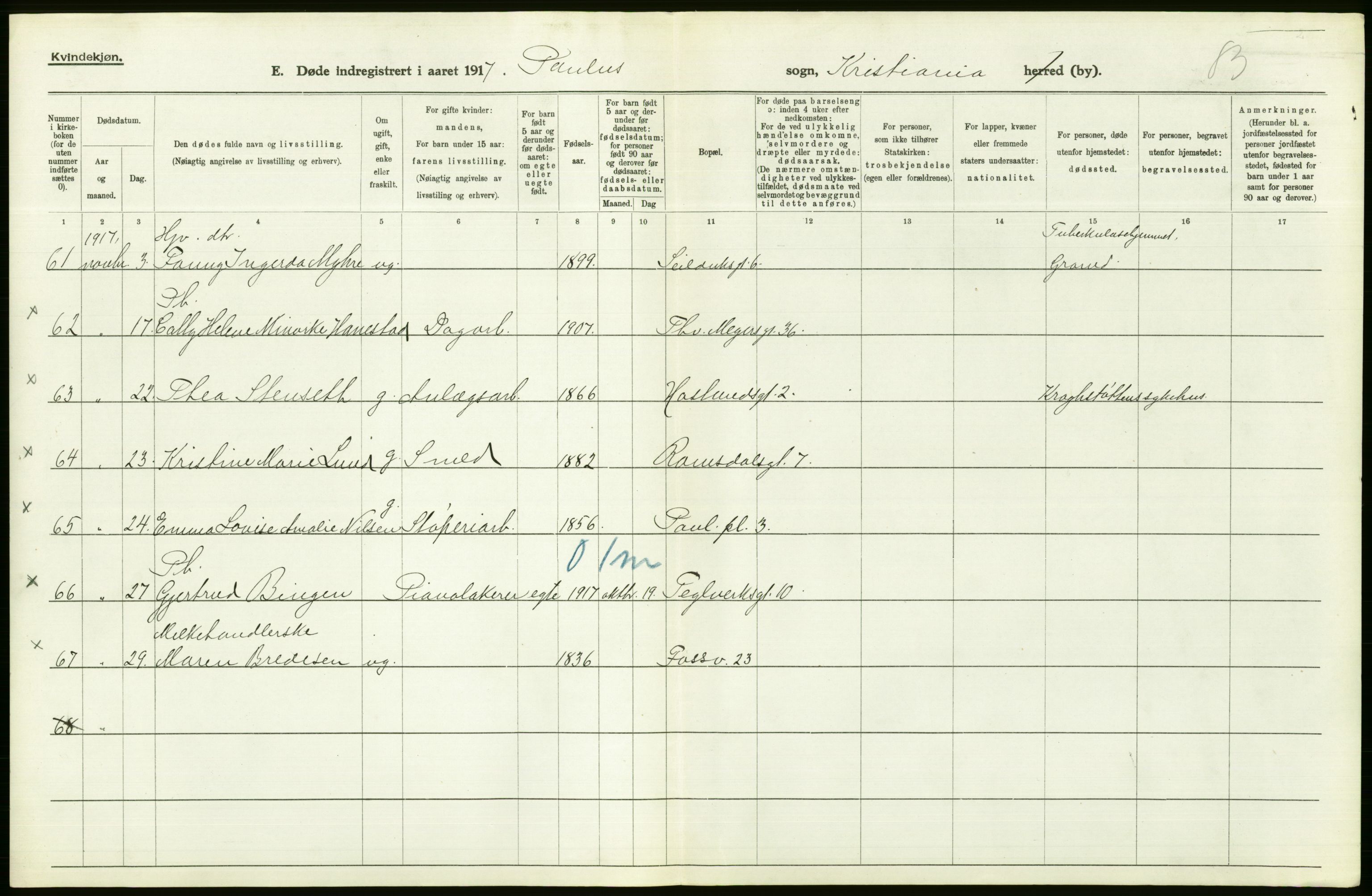 Statistisk sentralbyrå, Sosiodemografiske emner, Befolkning, AV/RA-S-2228/D/Df/Dfb/Dfbg/L0010: Kristiania: Døde, 1917, s. 204