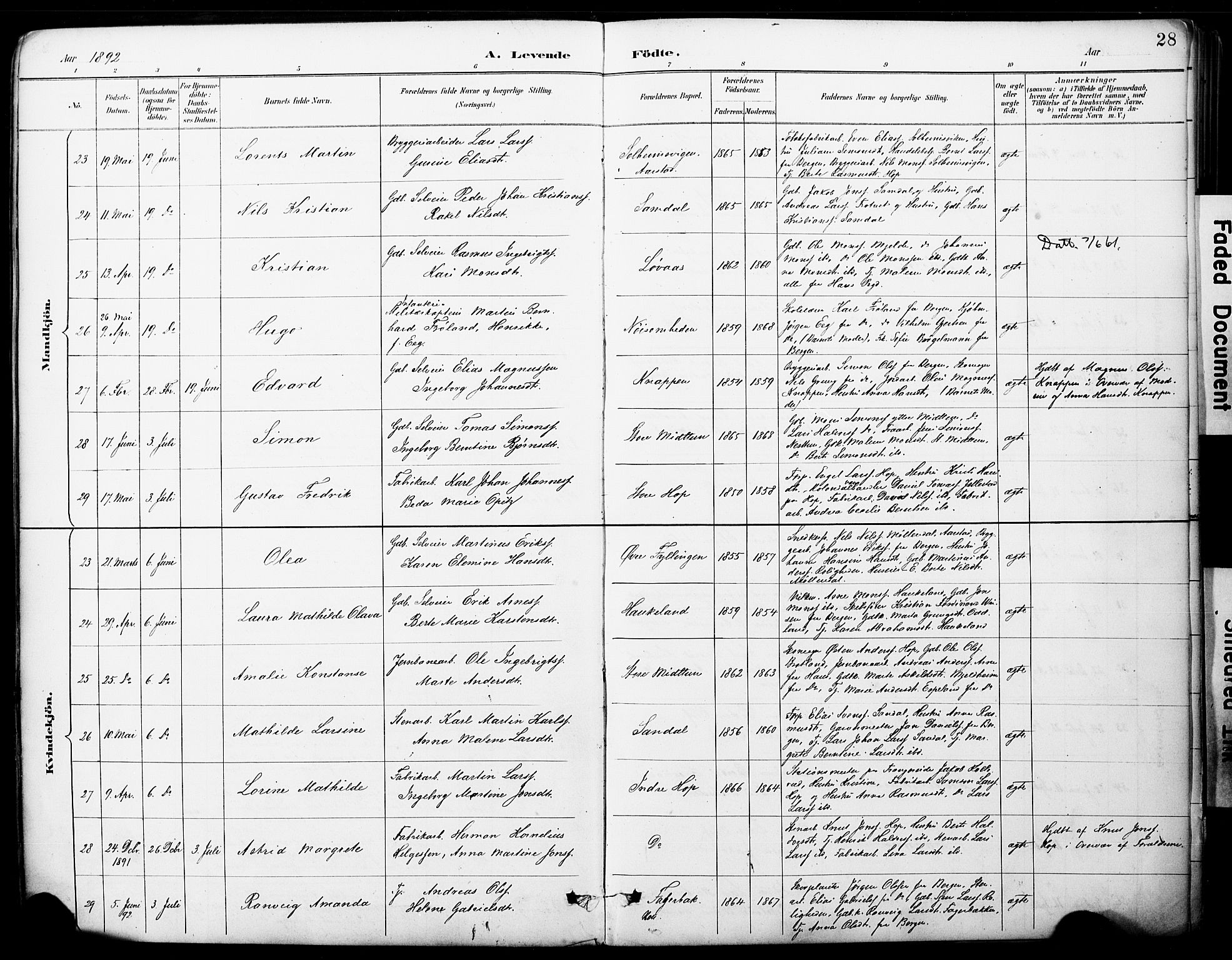 Fana Sokneprestembete, AV/SAB-A-75101/H/Haa/Haai/L0002: Ministerialbok nr. I 2, 1888-1899, s. 28