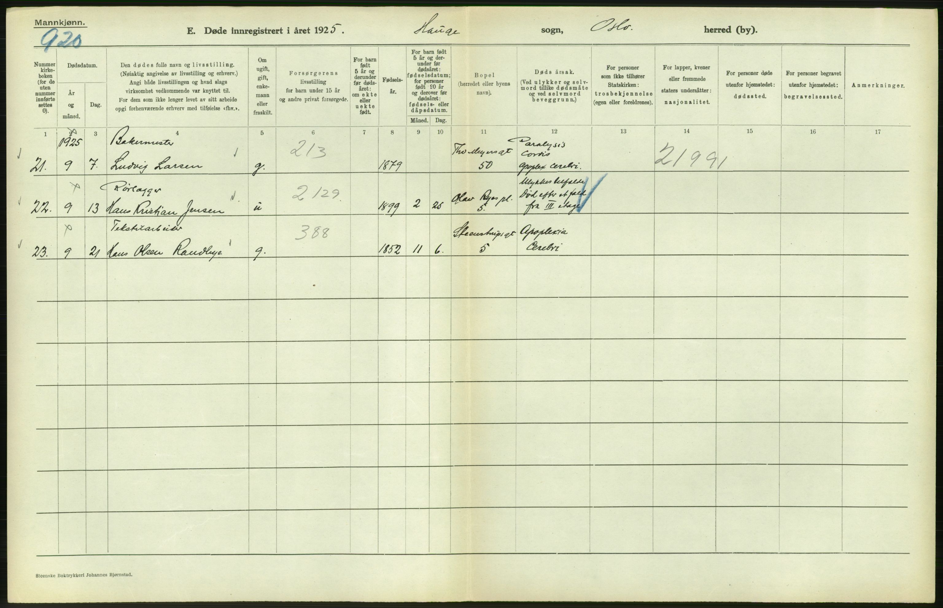 Statistisk sentralbyrå, Sosiodemografiske emner, Befolkning, AV/RA-S-2228/D/Df/Dfc/Dfce/L0009: Oslo: Døde menn, 1925, s. 410