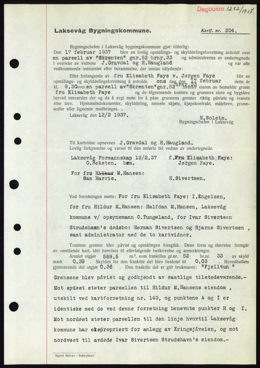 Midhordland sorenskriveri, SAB/A-3001/1/G/Gb/Gbk/L0001: Pantebok nr. A1-6, 1936-1937, Dagboknr: 1252/1937