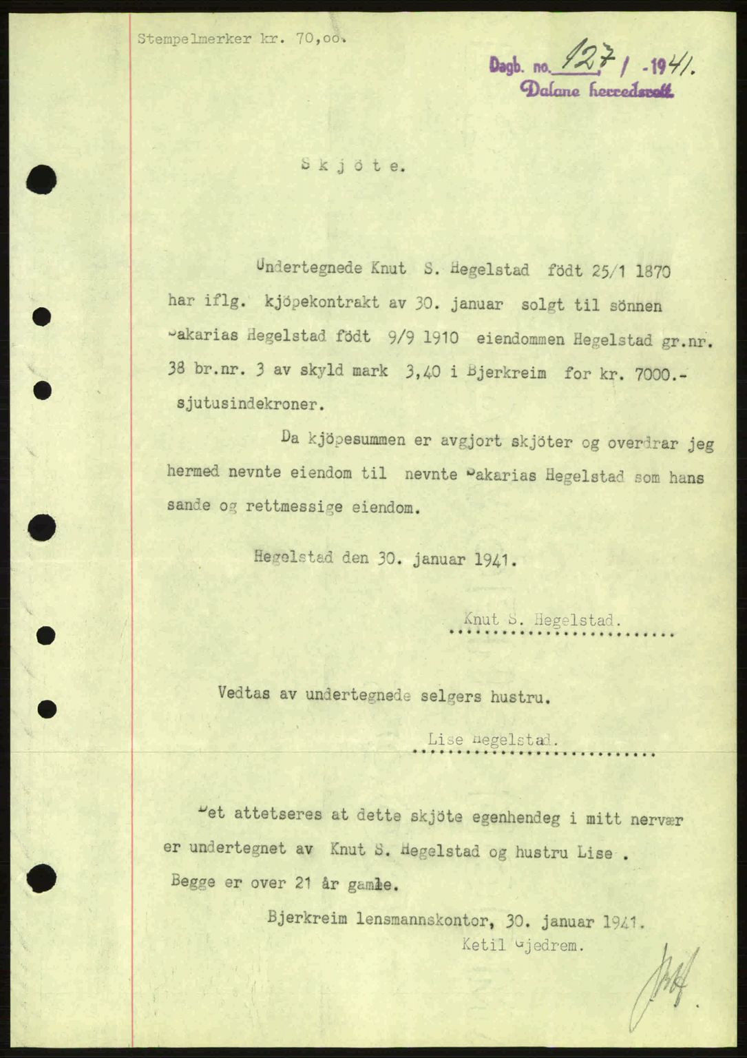 Dalane sorenskriveri, SAST/A-100309/02/G/Gb/L0044: Pantebok nr. A5, 1940-1941, Dagboknr: 127/1941