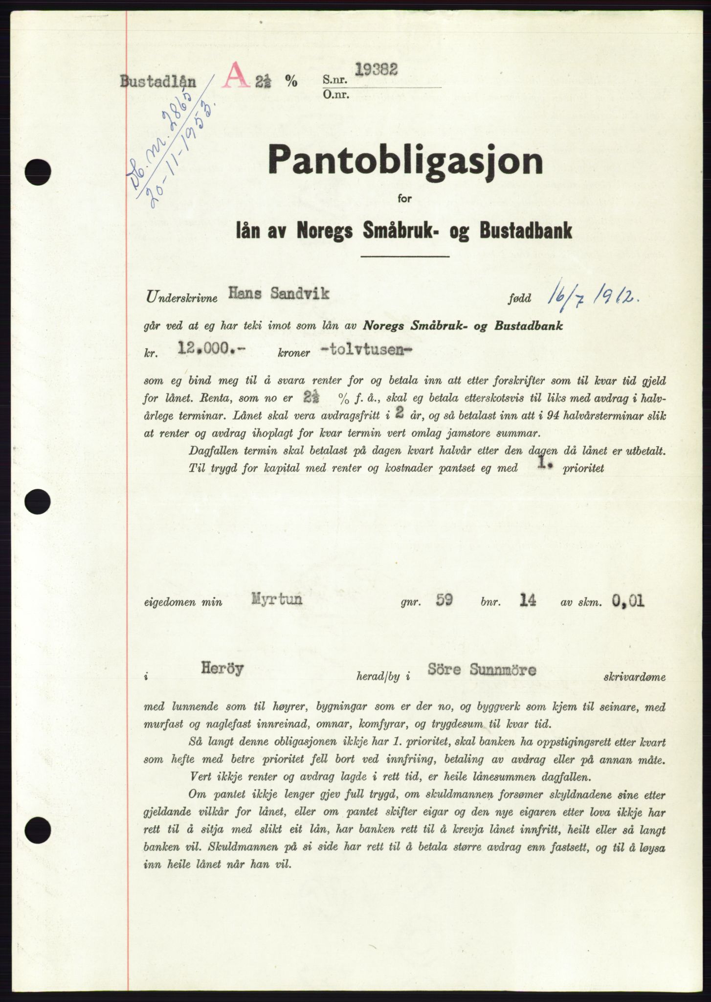 Søre Sunnmøre sorenskriveri, AV/SAT-A-4122/1/2/2C/L0124: Pantebok nr. 12B, 1953-1954, Dagboknr: 2865/1953