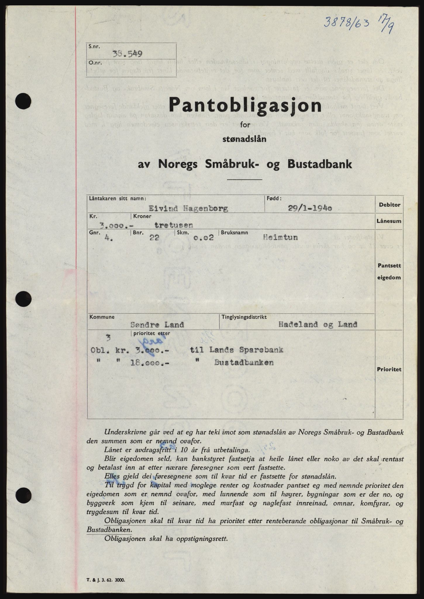 Hadeland og Land tingrett, SAH/TING-010/H/Hb/Hbc/L0052: Pantebok nr. B52, 1963-1963, Dagboknr: 3878/1963
