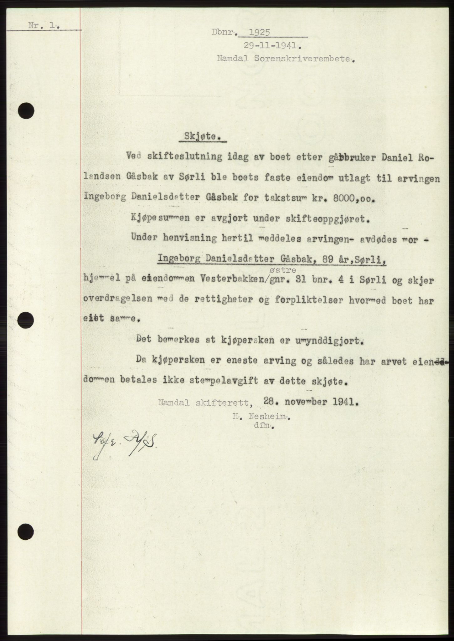 Namdal sorenskriveri, SAT/A-4133/1/2/2C: Pantebok nr. -, 1941-1942, Dagboknr: 1925/1941