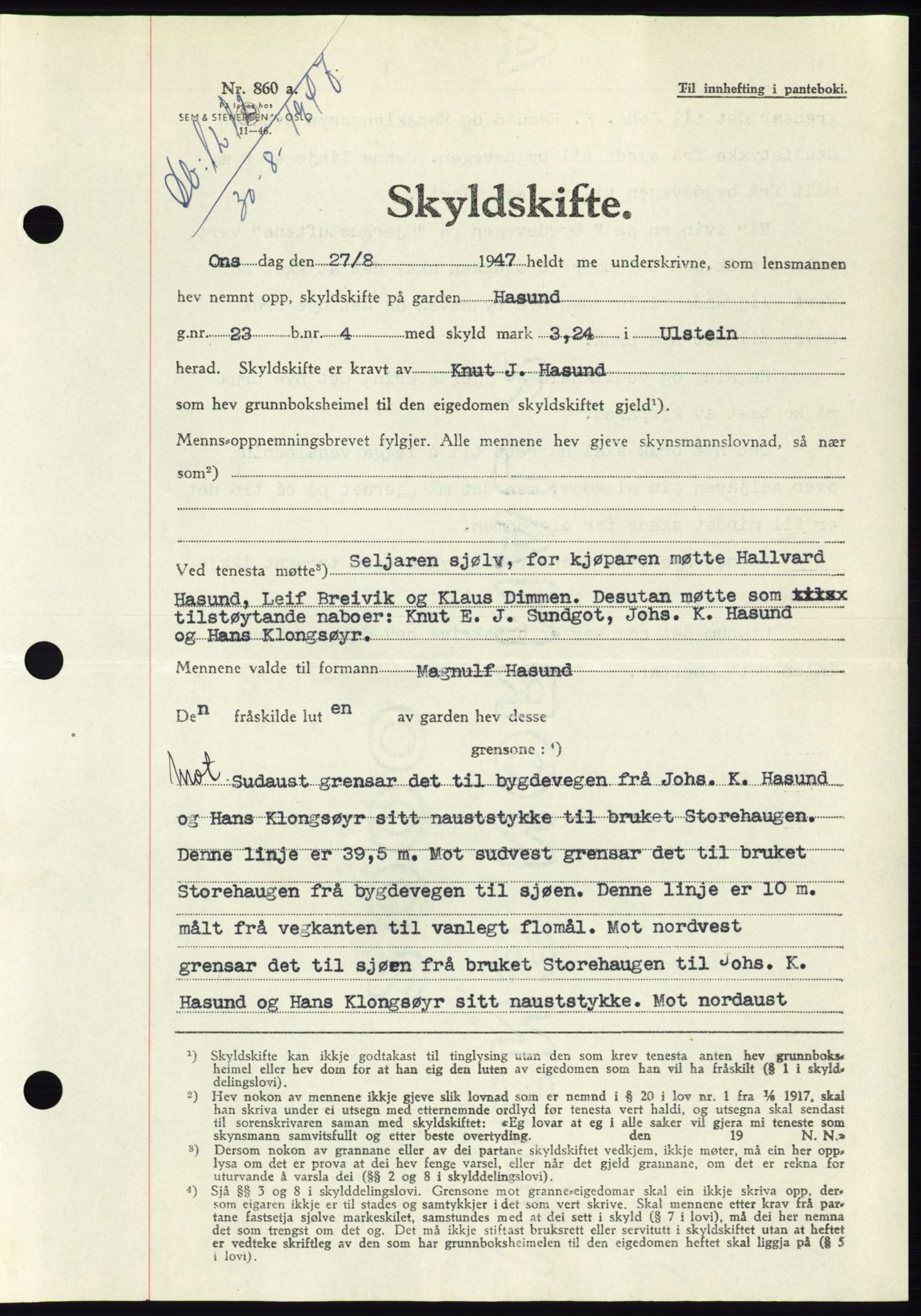 Søre Sunnmøre sorenskriveri, SAT/A-4122/1/2/2C/L0081: Pantebok nr. 7A, 1947-1948, Dagboknr: 1212/1947