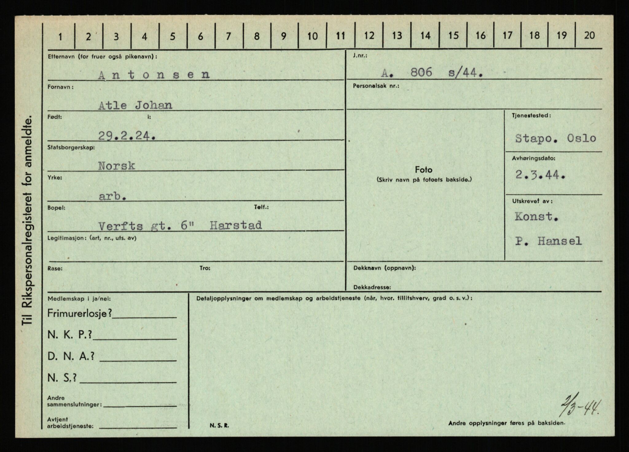 Statspolitiet - Hovedkontoret / Osloavdelingen, AV/RA-S-1329/C/Ca/L0001: Aabakken - Armann, 1943-1945, s. 4656