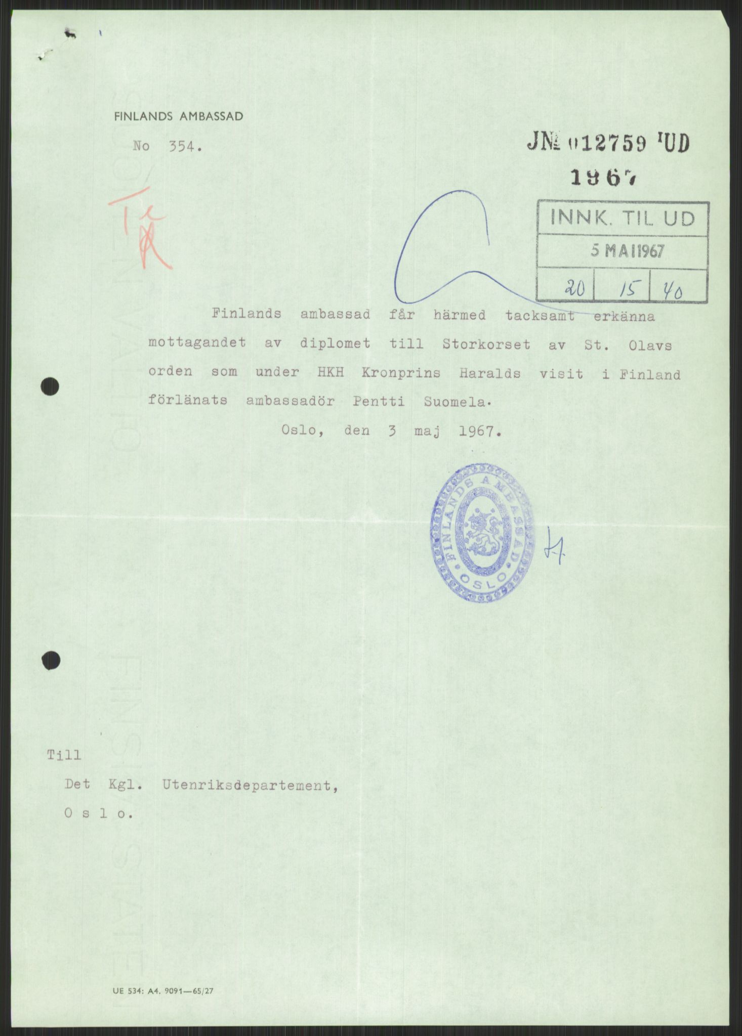 Utenriksdepartementet, hovedarkiv, AV/RA-S-6794/D/Da/Daa/L0542: Ordensvesen. Statsoverhoders og fyrsters jubiléer og begravelser. Ordensvesen. Statsoverhoders og fyrsters jubiléer og begravelser. Statsjubiléer. Fyrstebesøk (utvekslinger). Flåtebesøk (utvekslinger), 1960-1969, s. 669