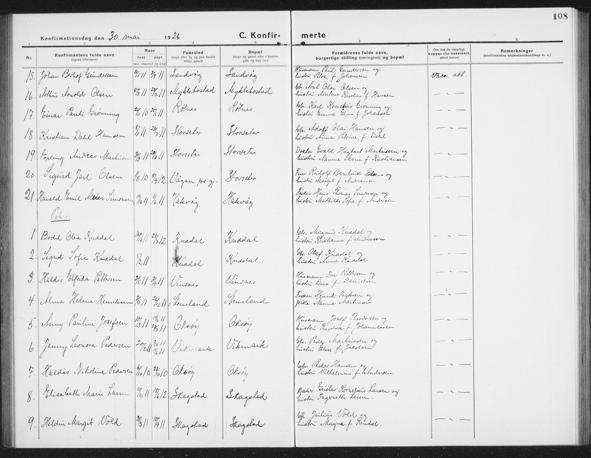 Ministerialprotokoller, klokkerbøker og fødselsregistre - Nordland, AV/SAT-A-1459/855/L0817: Klokkerbok nr. 855C06, 1917-1934, s. 108