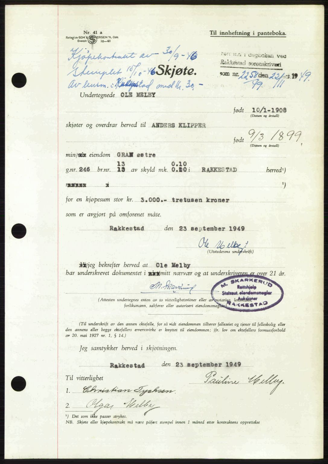 Rakkestad sorenskriveri, SAO/A-10686/G/Gb/Gba/Gbab/L0019: Pantebok nr. A19, 1949-1950, Dagboknr: 2258/1949