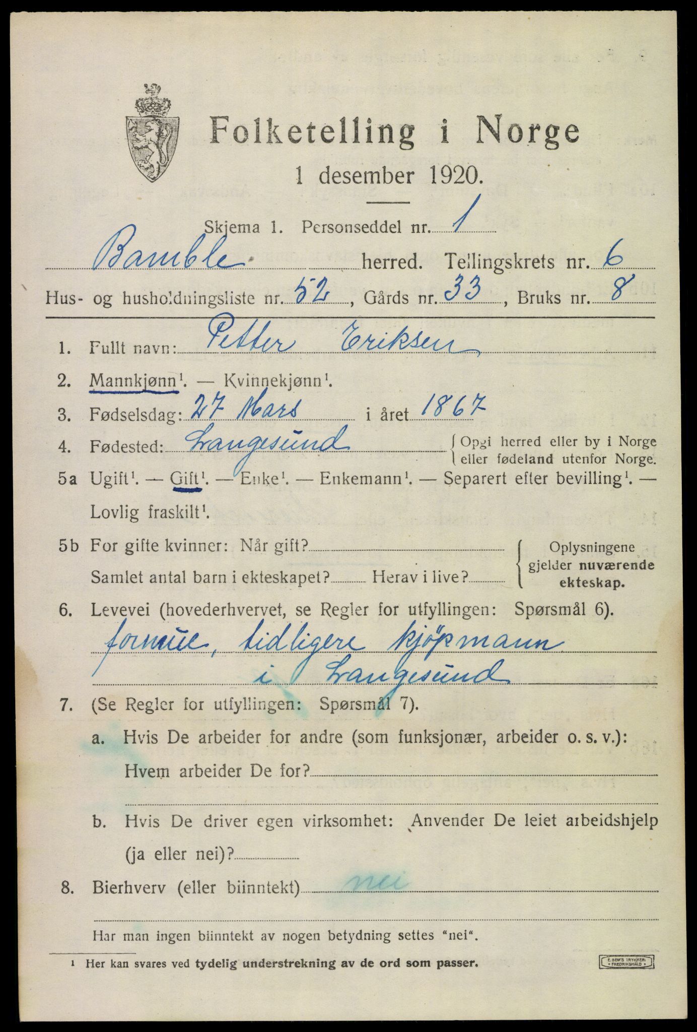 SAKO, Folketelling 1920 for 0814 Bamble herred, 1920, s. 6427