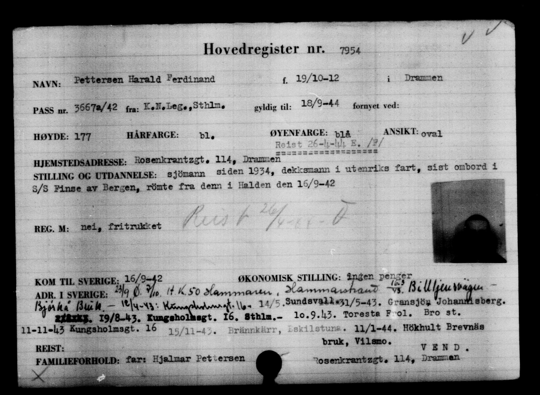 Utenriksstasjonene, Legasjonen i Stockholm, Flyktningkontoret, AV/RA-S-6753/V/Va/L0005: Kjesäterkartoteket, flyktning nr. 6600-9417, 1940-1945, s. 1583