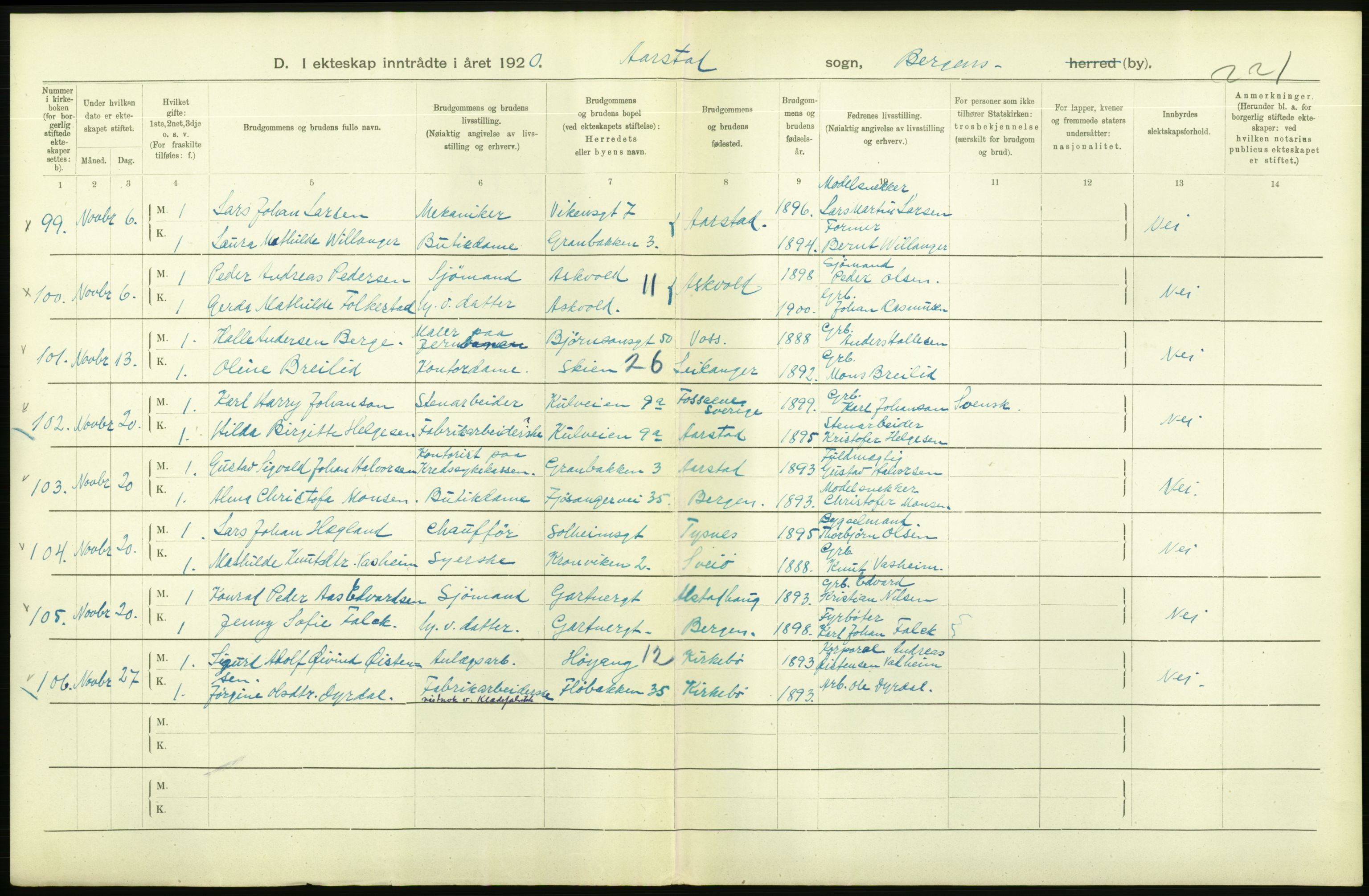 Statistisk sentralbyrå, Sosiodemografiske emner, Befolkning, AV/RA-S-2228/D/Df/Dfb/Dfbj/L0042: Bergen: Gifte, døde, dødfødte., 1920, s. 30
