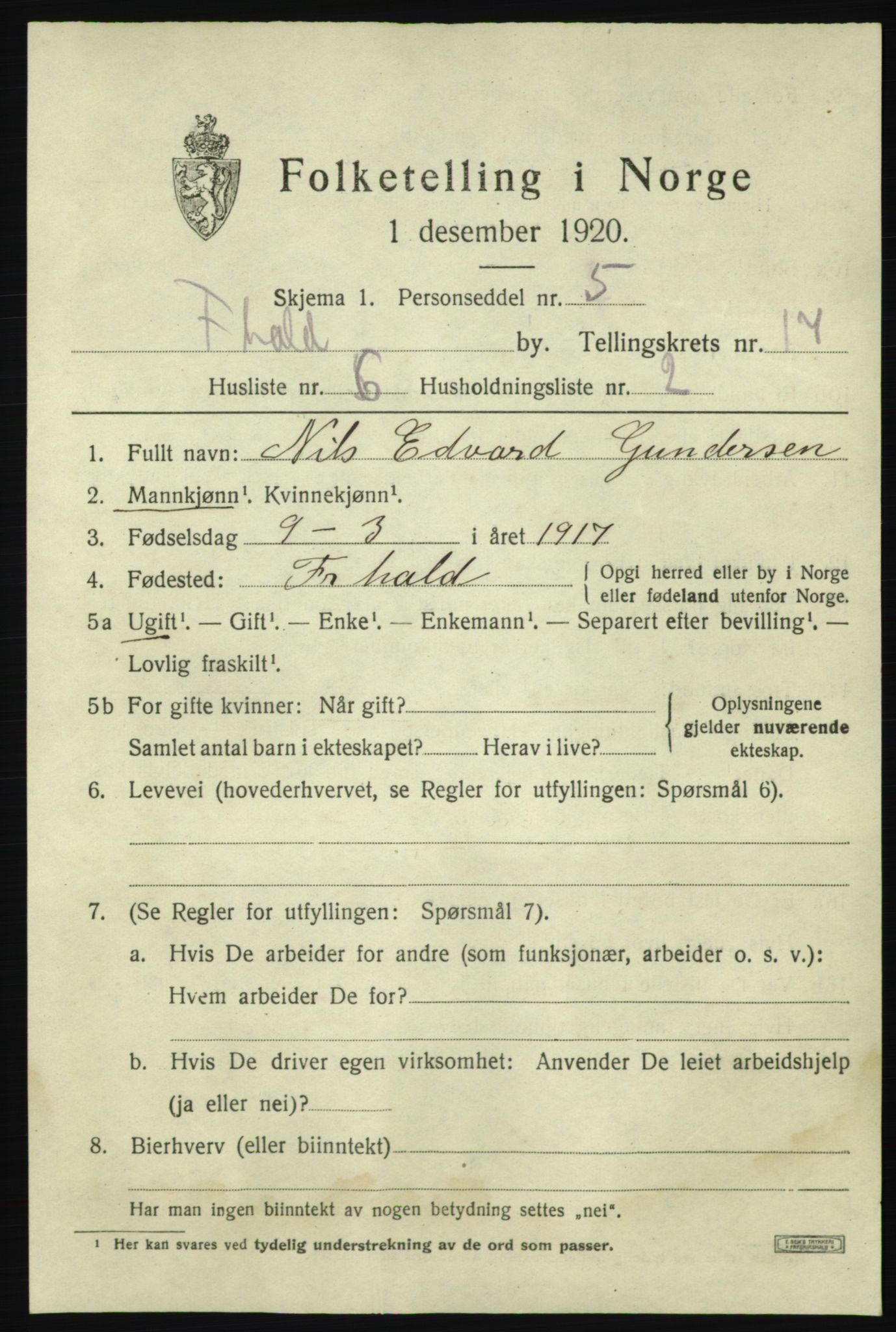 SAO, Folketelling 1920 for 0101 Fredrikshald kjøpstad, 1920, s. 25864