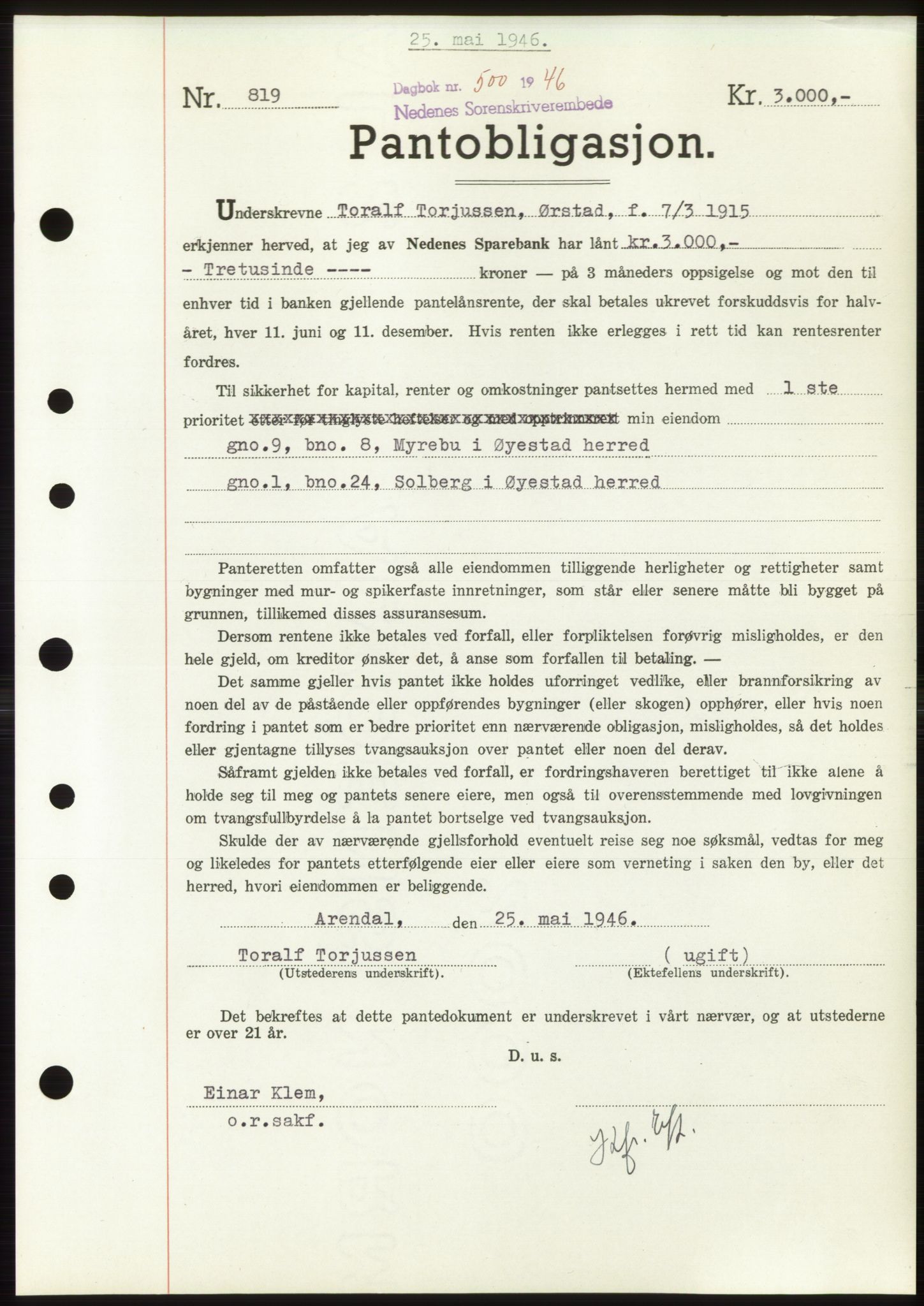 Nedenes sorenskriveri, AV/SAK-1221-0006/G/Gb/Gbb/L0003: Pantebok nr. B3b, 1946-1946, Dagboknr: 500/1946