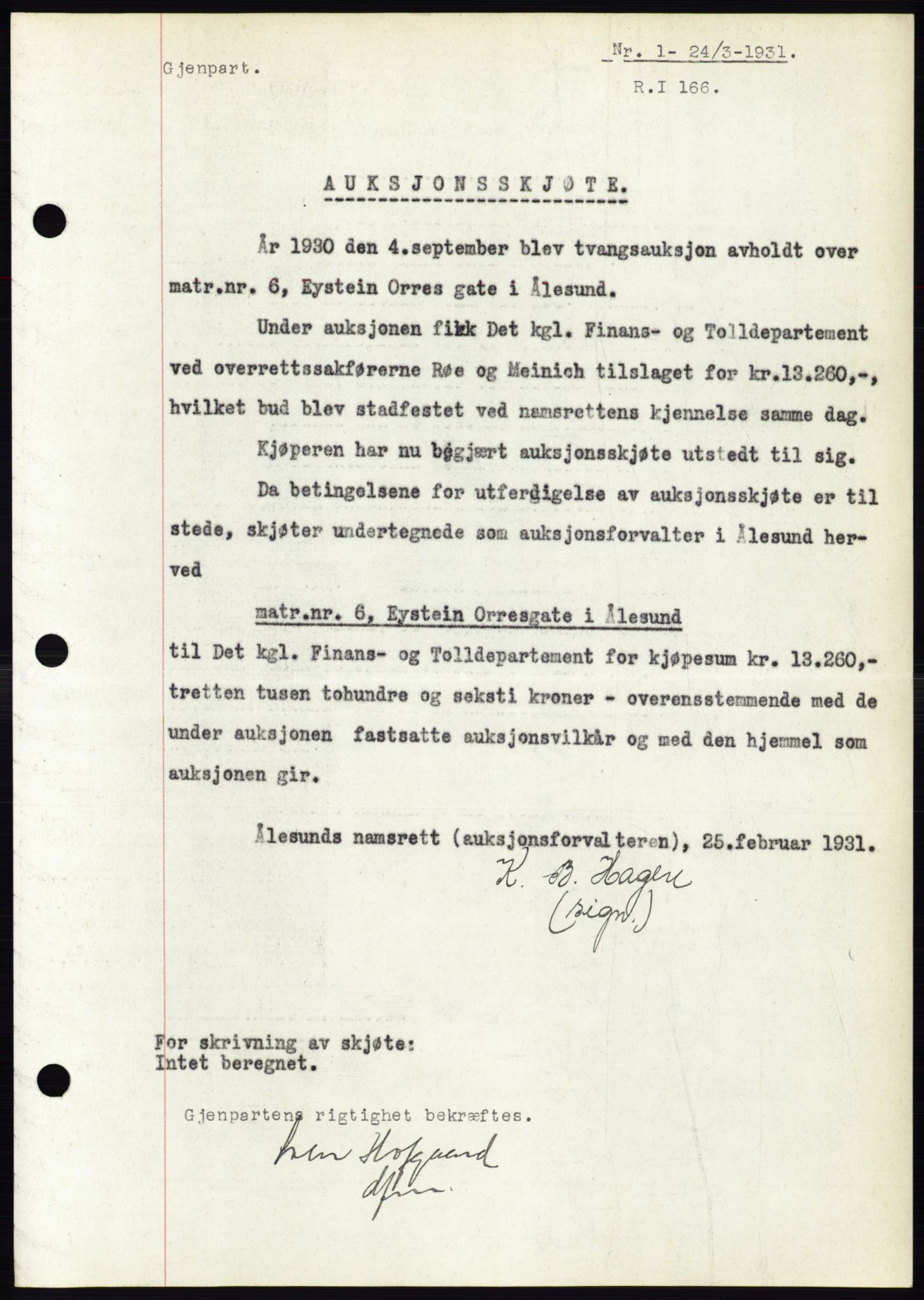Ålesund byfogd, SAT/A-4384: Pantebok nr. 27, 1930-1931, Tingl.dato: 24.03.1931