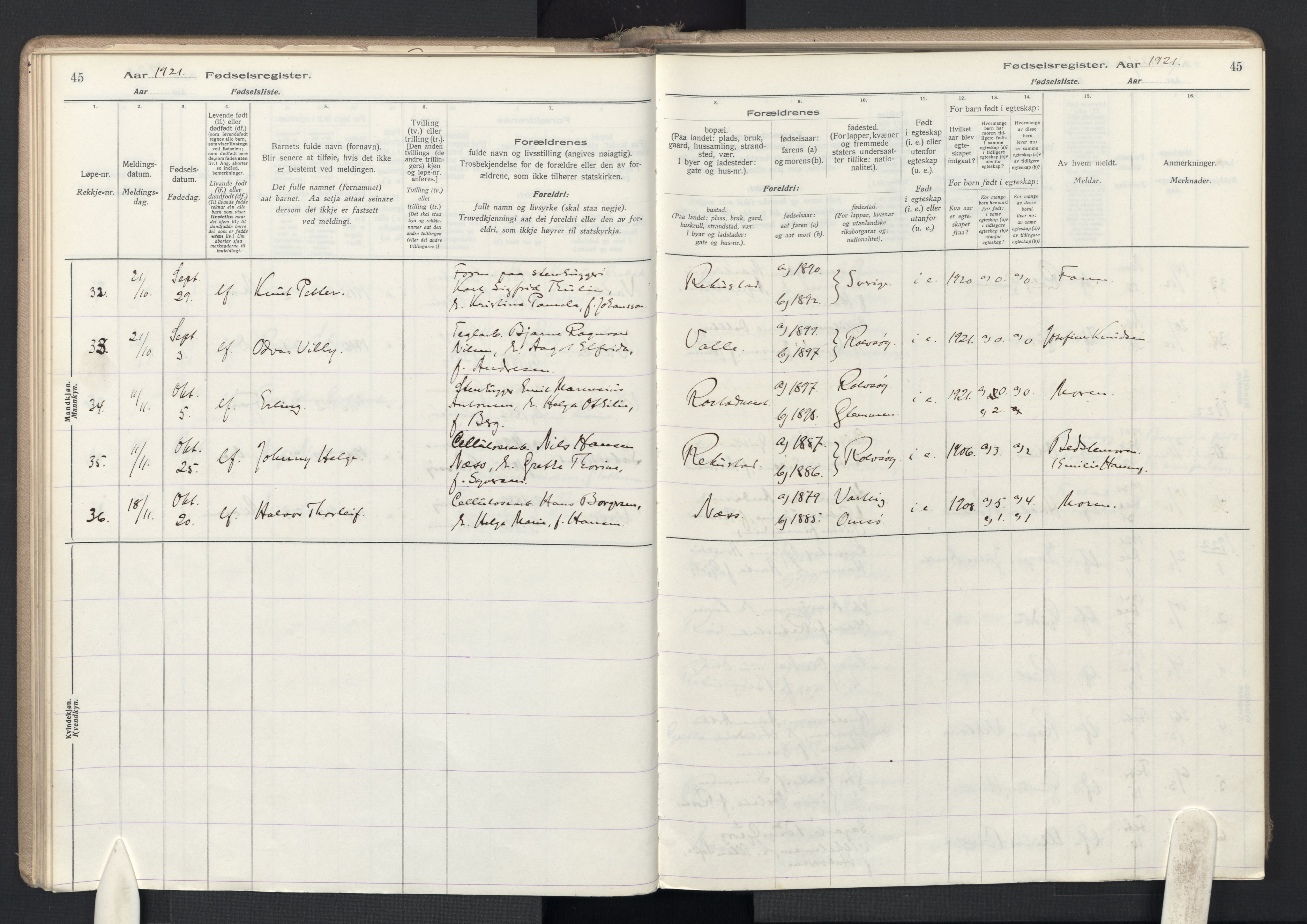 Rolvsøy prestekontor Kirkebøker, AV/SAO-A-2004/J/Ja/L0001: Fødselsregister nr. 1, 1916-1946, s. 45