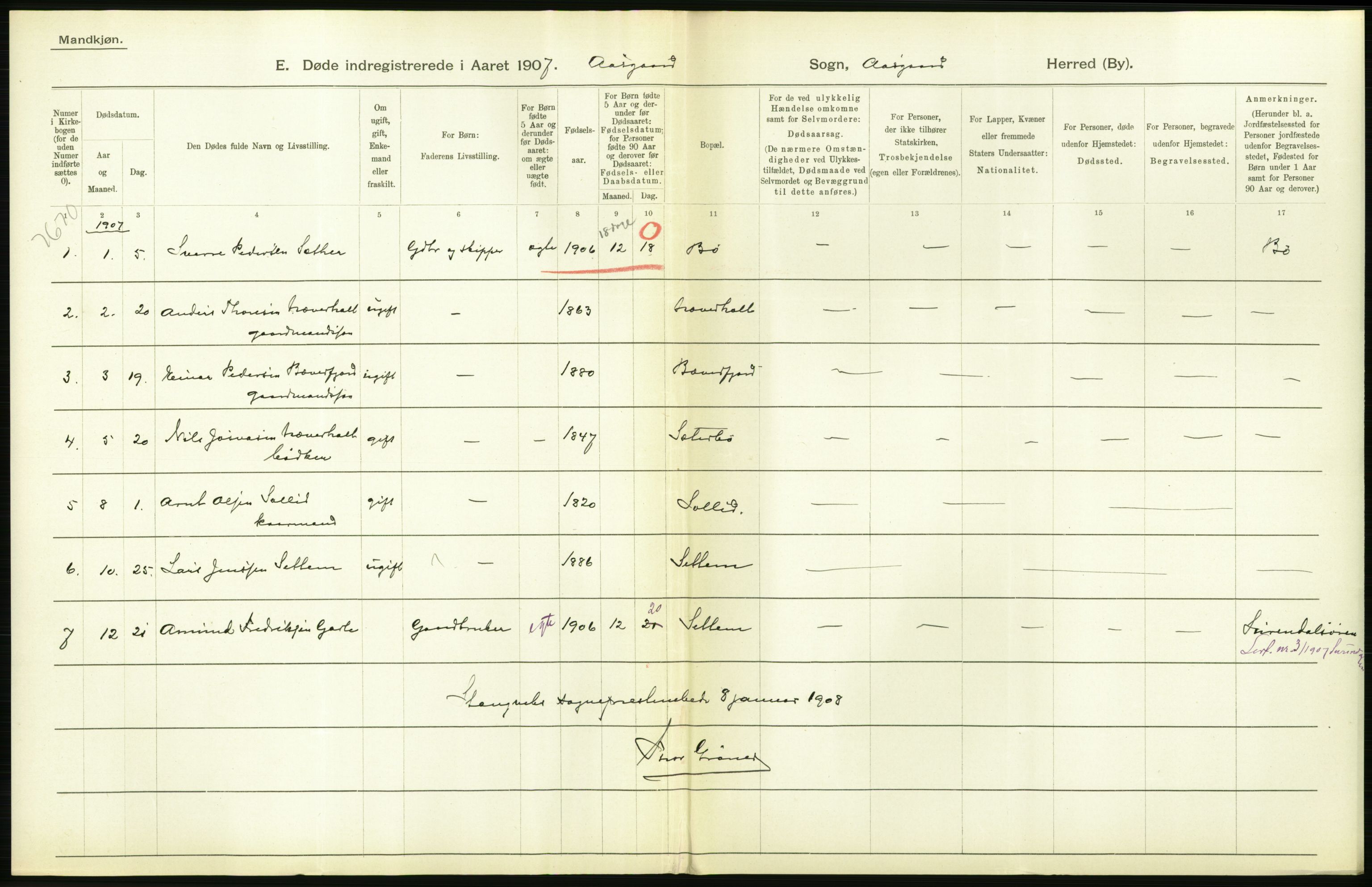 Statistisk sentralbyrå, Sosiodemografiske emner, Befolkning, AV/RA-S-2228/D/Df/Dfa/Dfae/L0037: Romsdals amt: Døde, dødfødte. Bygder og byer., 1907, s. 52