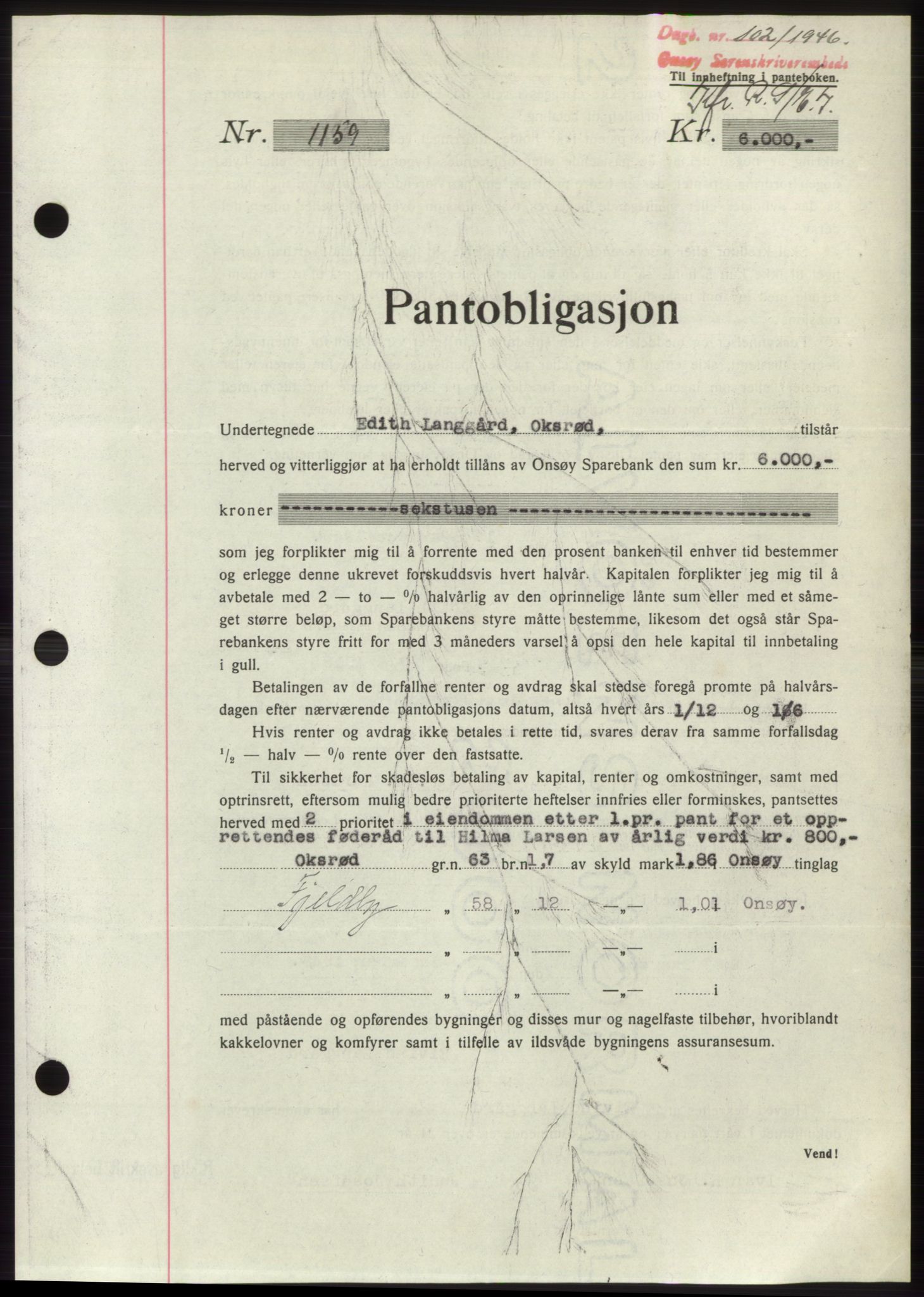 Onsøy sorenskriveri, SAO/A-10474/G/Ga/Gac/L0004: Pantebok nr. B4, 1944-1946, Dagboknr: 102/1946