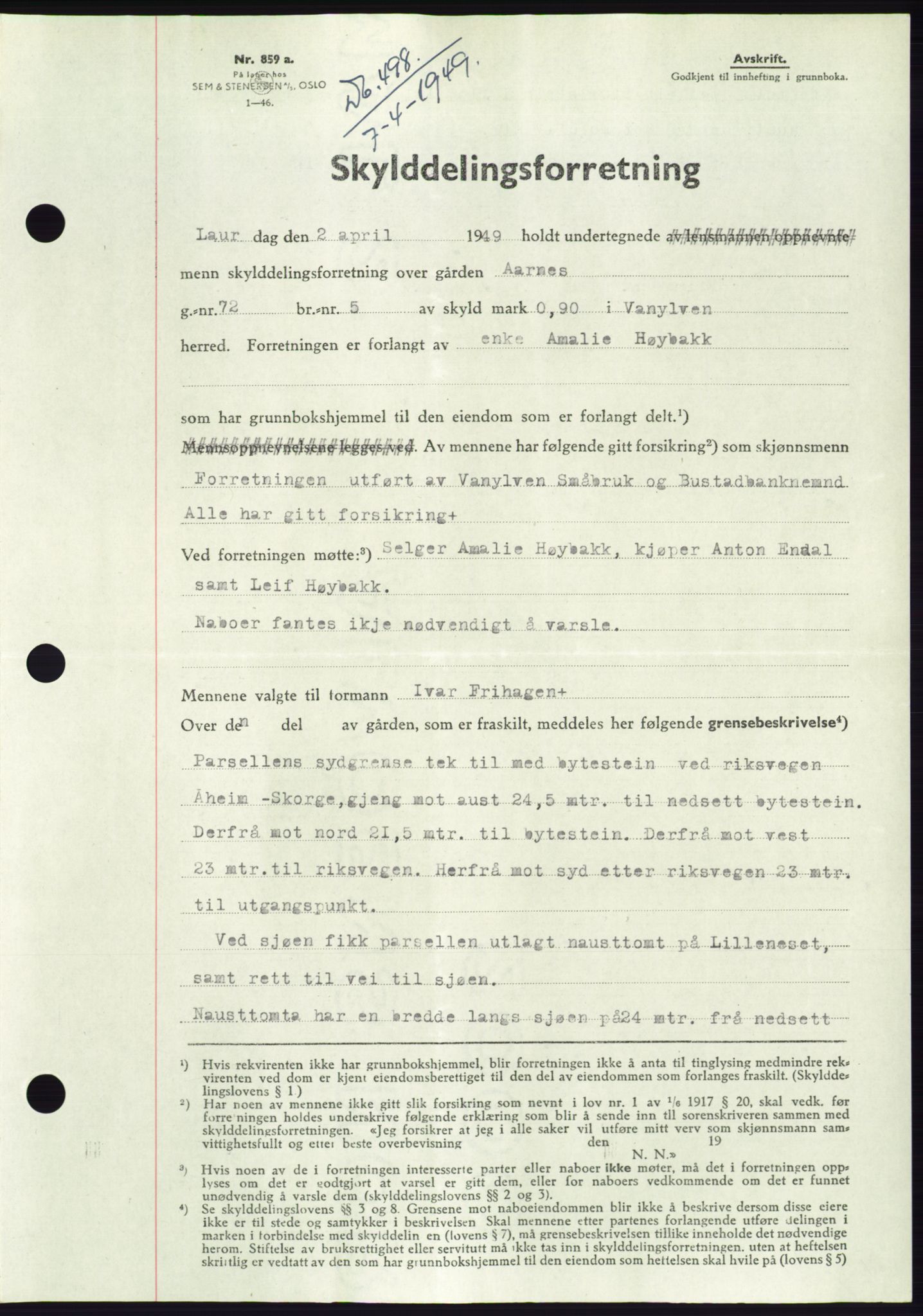 Søre Sunnmøre sorenskriveri, SAT/A-4122/1/2/2C/L0084: Pantebok nr. 10A, 1949-1949, Dagboknr: 498/1949