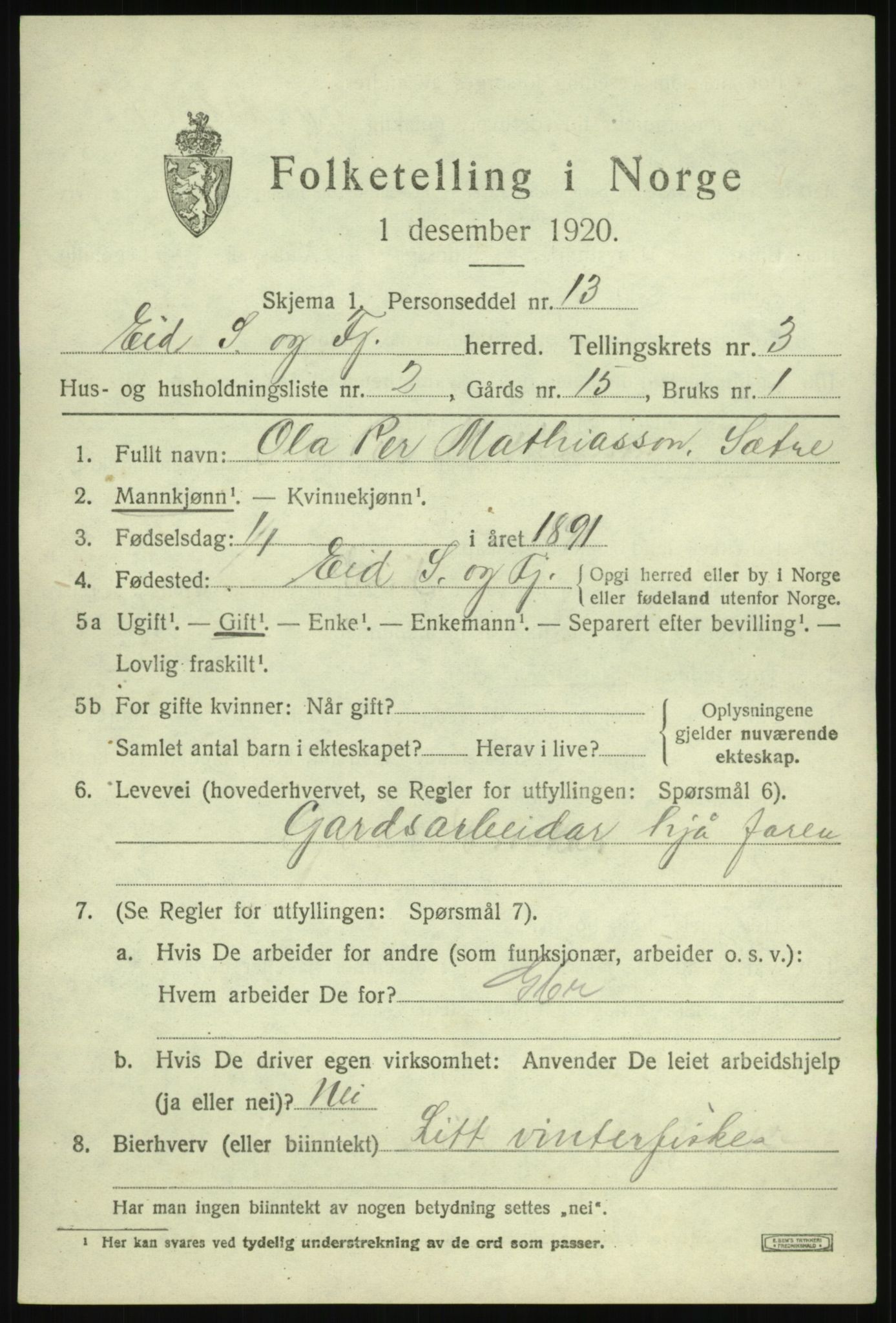 SAB, Folketelling 1920 for 1443 Eid herred, 1920, s. 2022
