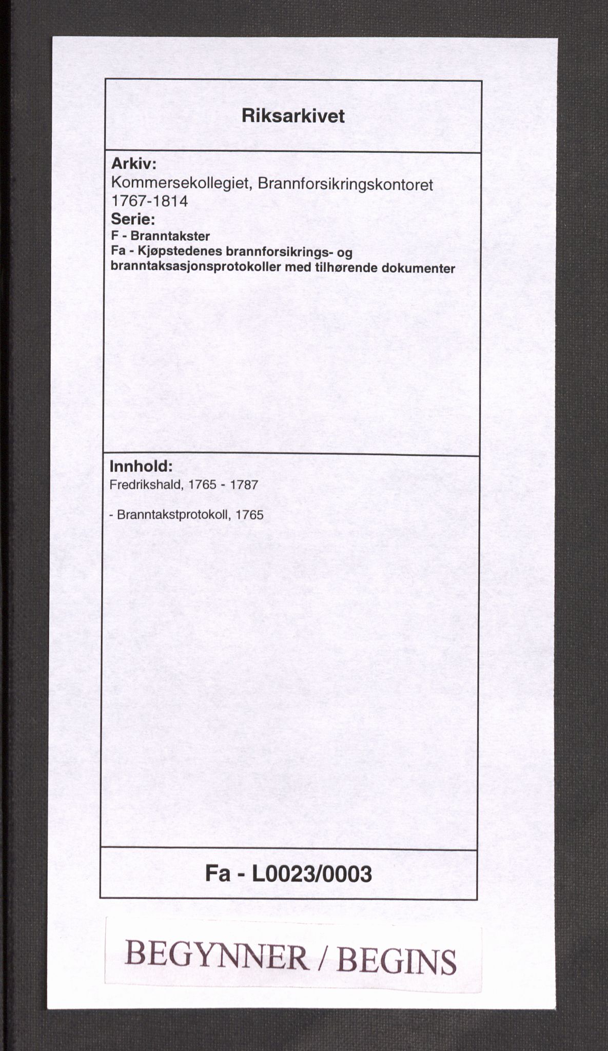 Kommersekollegiet, Brannforsikringskontoret 1767-1814, RA/EA-5458/F/Fa/L0023/0003: Fredrikshald / Branntakstprotokoll, 1765