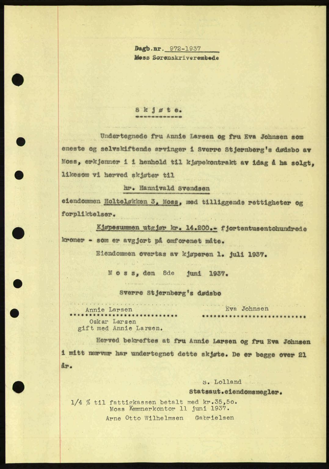 Moss sorenskriveri, SAO/A-10168: Pantebok nr. A3, 1937-1938, Dagboknr: 972/1937