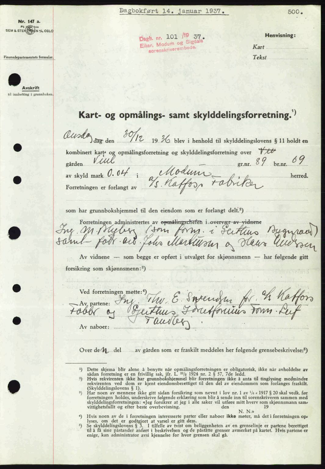 Eiker, Modum og Sigdal sorenskriveri, SAKO/A-123/G/Ga/Gab/L0034: Pantebok nr. A4, 1936-1937, Dagboknr: 101/1937