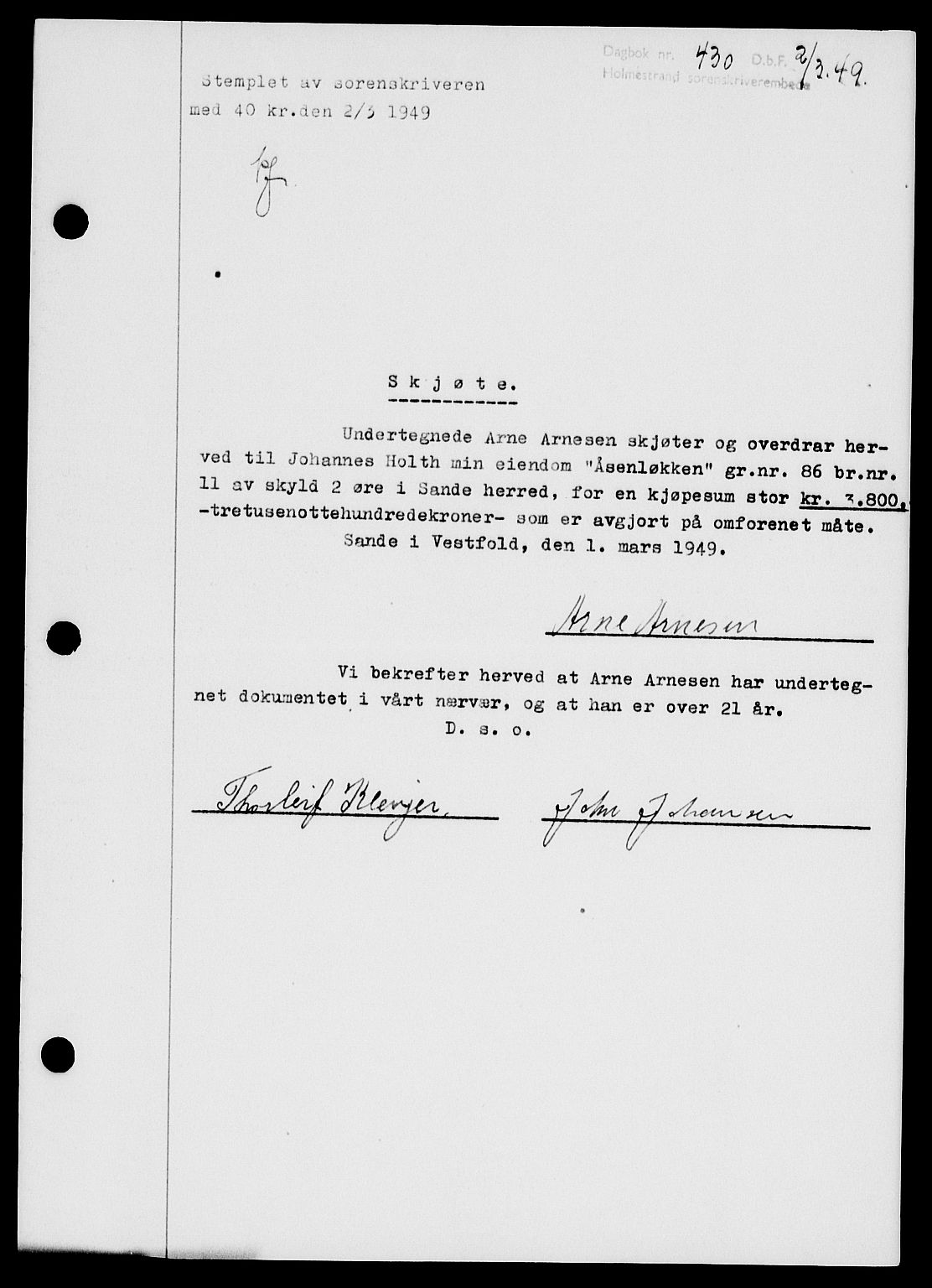 Holmestrand sorenskriveri, SAKO/A-67/G/Ga/Gaa/L0065: Pantebok nr. A-65, 1948-1949, Dagboknr: 430/1949