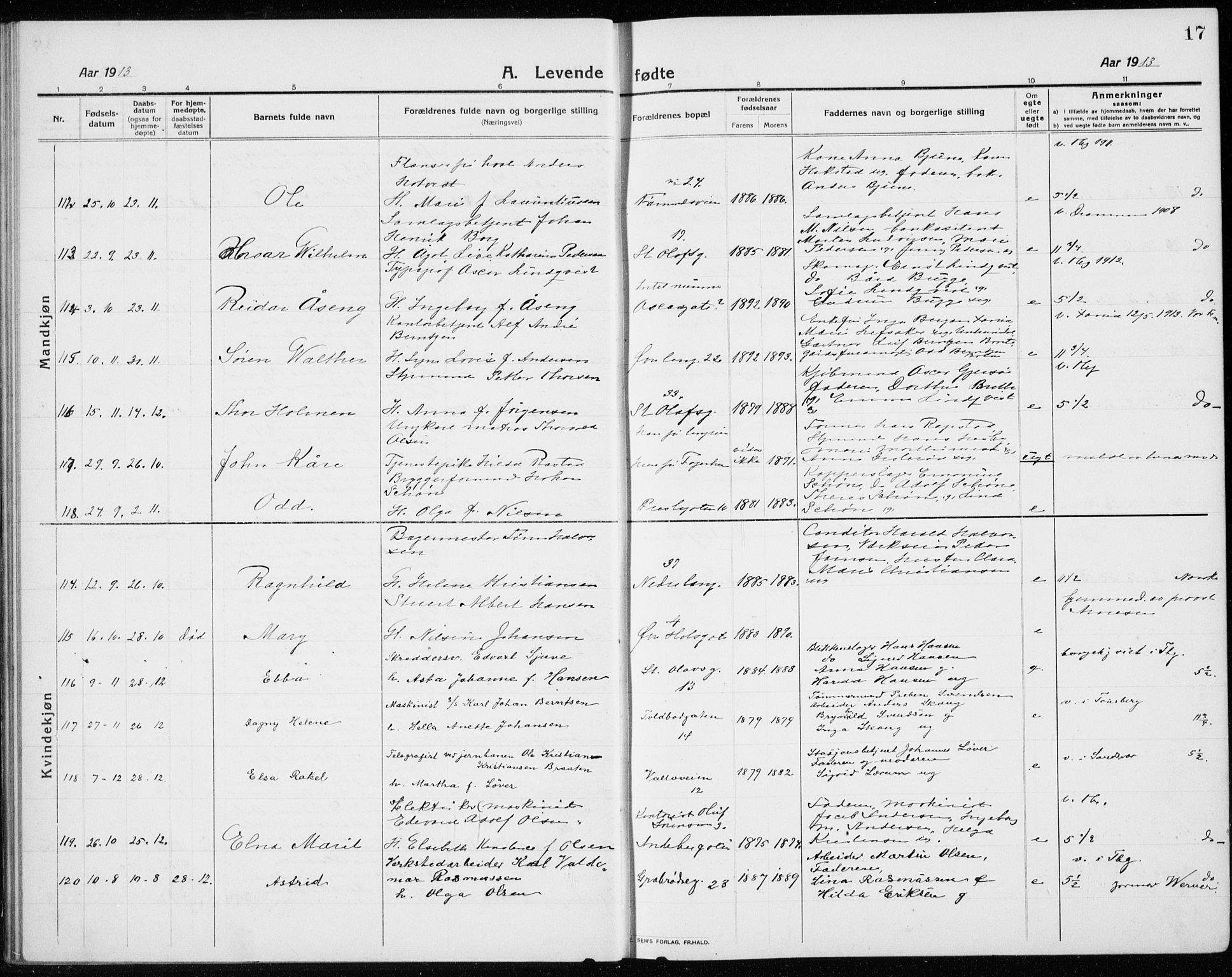 Tønsberg kirkebøker, AV/SAKO-A-330/G/Ga/L0009: Klokkerbok nr. 9, 1913-1920, s. 17