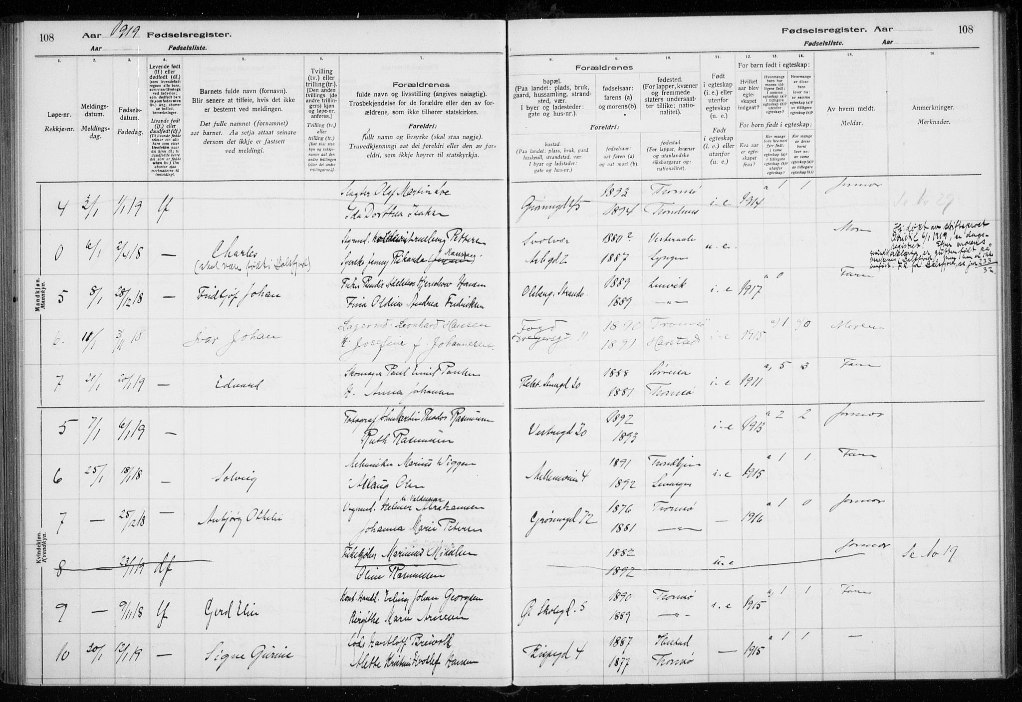 Tromsø sokneprestkontor/stiftsprosti/domprosti, SATØ/S-1343/H/Ha/L0131: Fødselsregister nr. 131, 1916-1921, s. 108