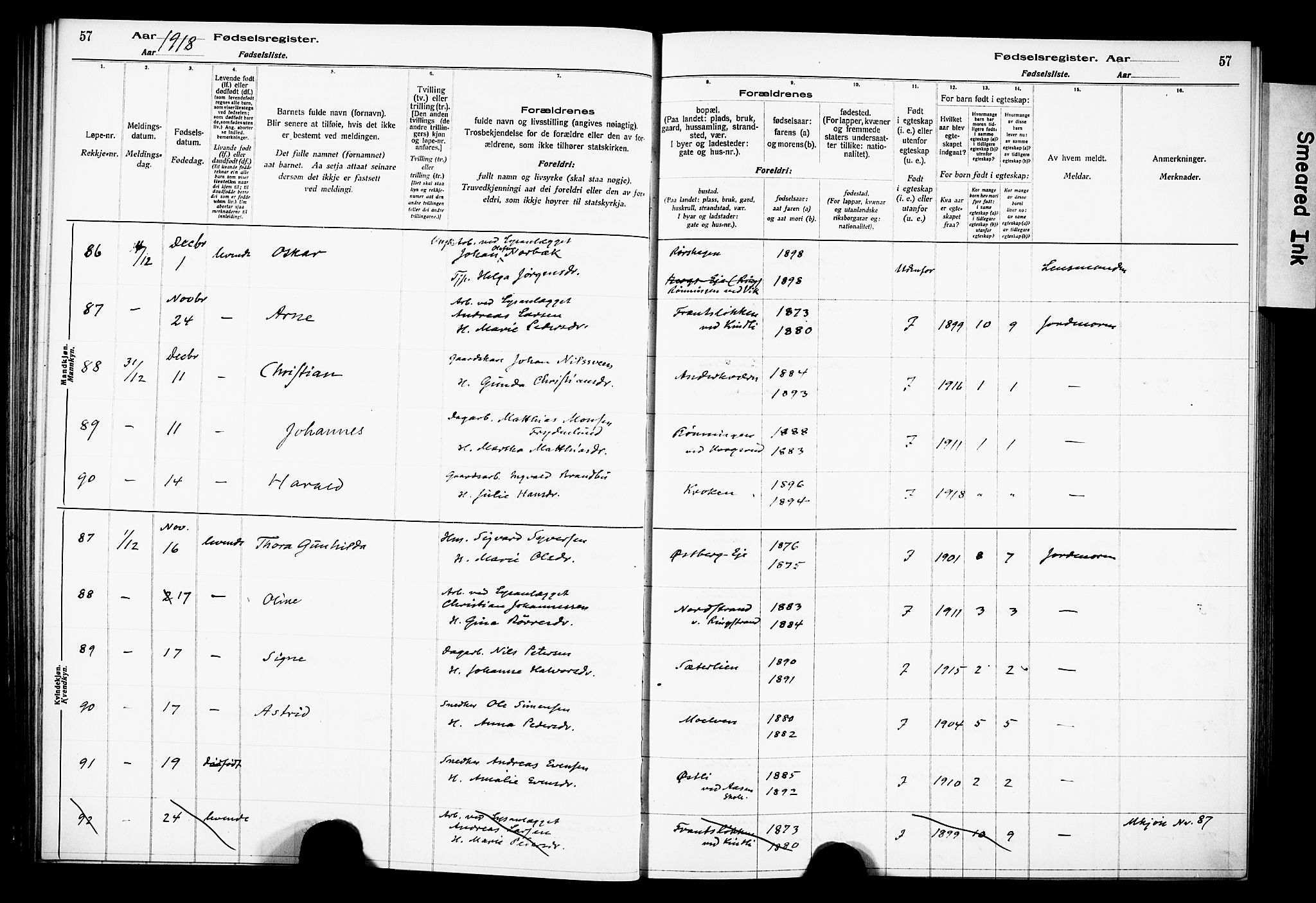 Ringsaker prestekontor, AV/SAH-PREST-014/O/Oa/L0001: Fødselsregister nr. 1, 1916-1925, s. 57