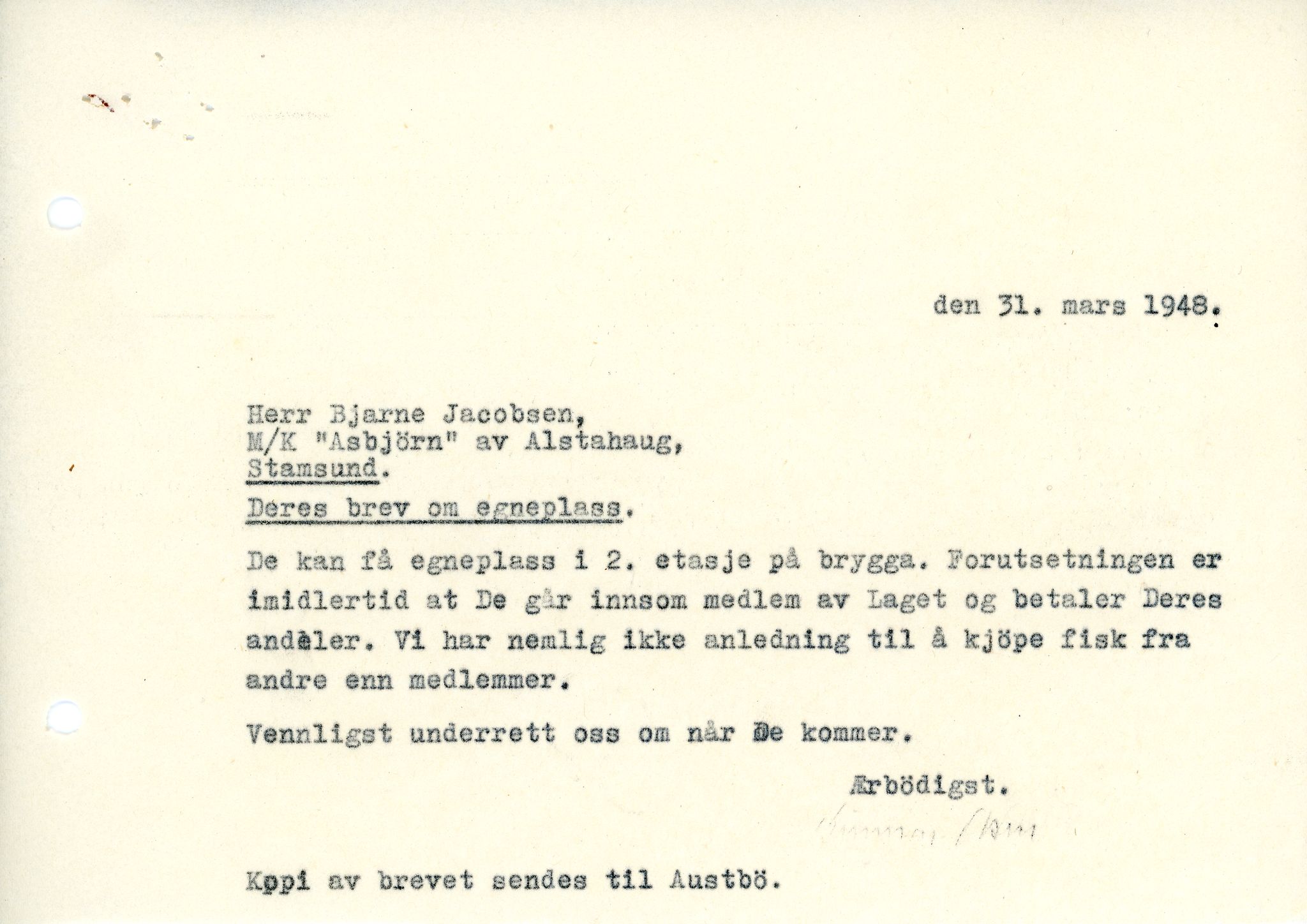 Vardø Fiskersamvirkelag, VAMU/A-0037/D/Da/L0001: Korrespondanse Ab-Eg, 1946-1950