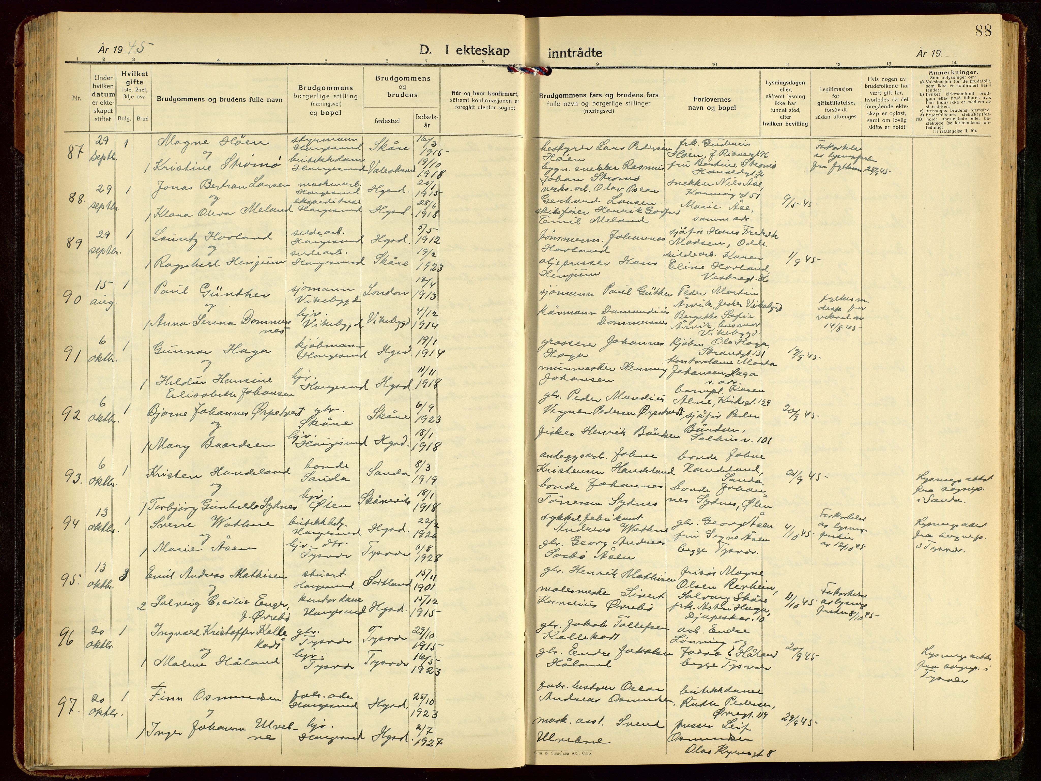 Haugesund sokneprestkontor, AV/SAST-A -101863/H/Ha/Hab/L0014: Klokkerbok nr. B 14, 1940-1952, s. 88