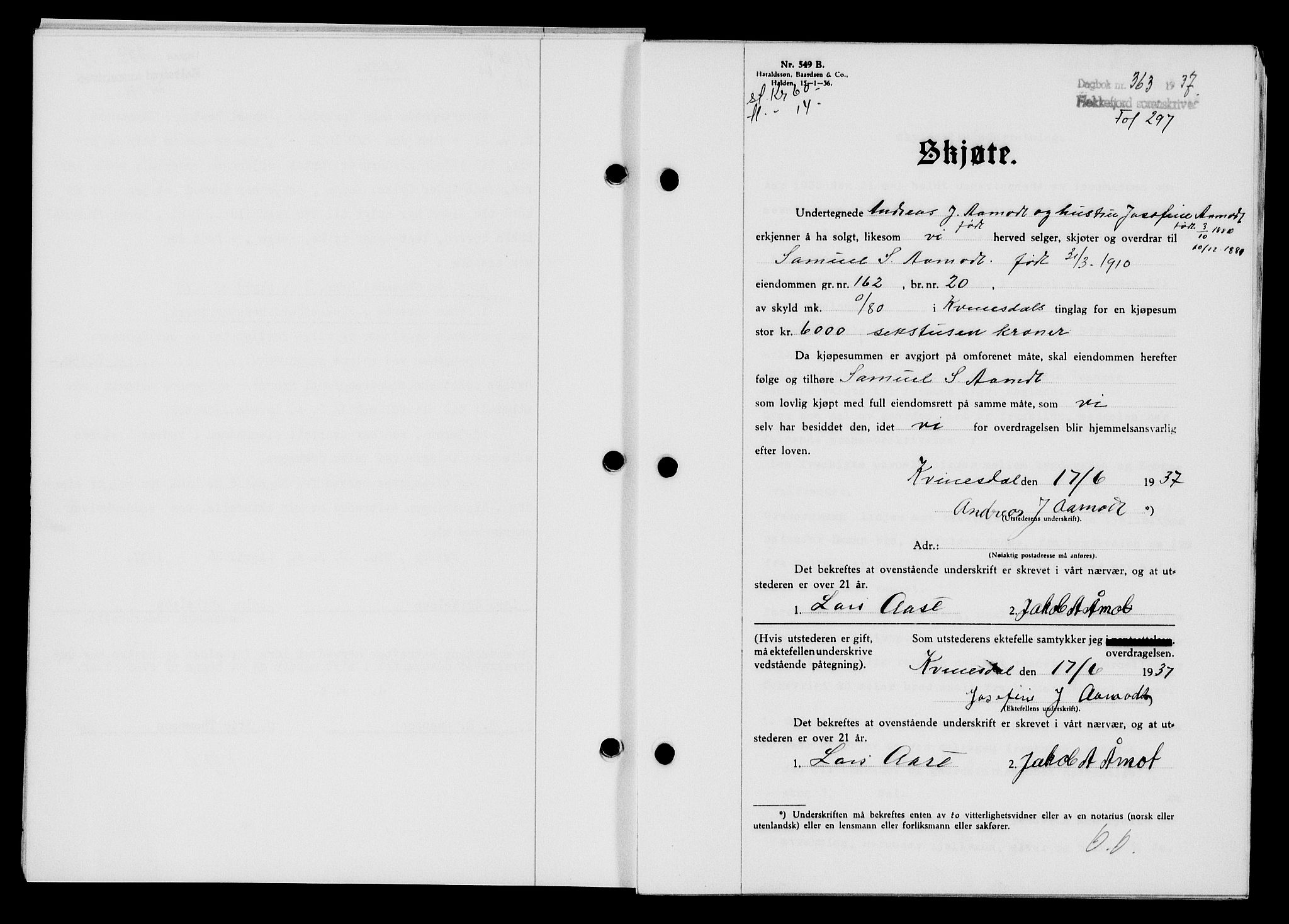 Flekkefjord sorenskriveri, SAK/1221-0001/G/Gb/Gba/L0053: Pantebok nr. A-1, 1936-1937, Dagboknr: 363/1937