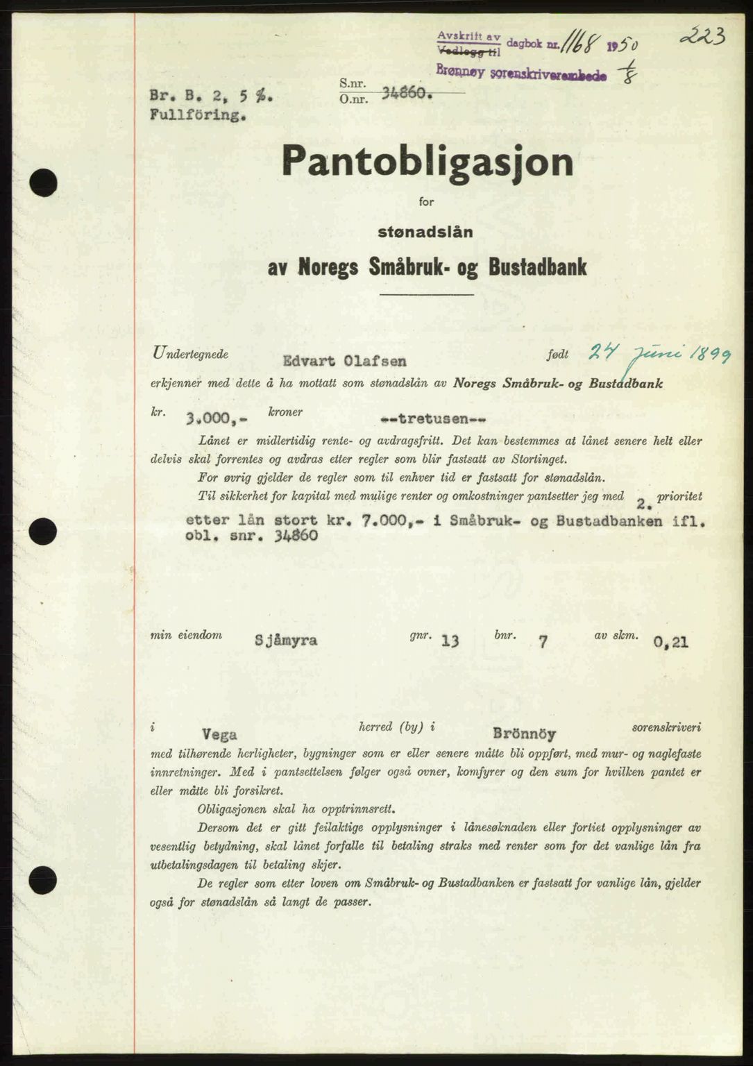 Brønnøy sorenskriveri, SAT/A-4170/1/2/2C: Pantebok nr. 36, 1950-1950, Dagboknr: 1168/1950