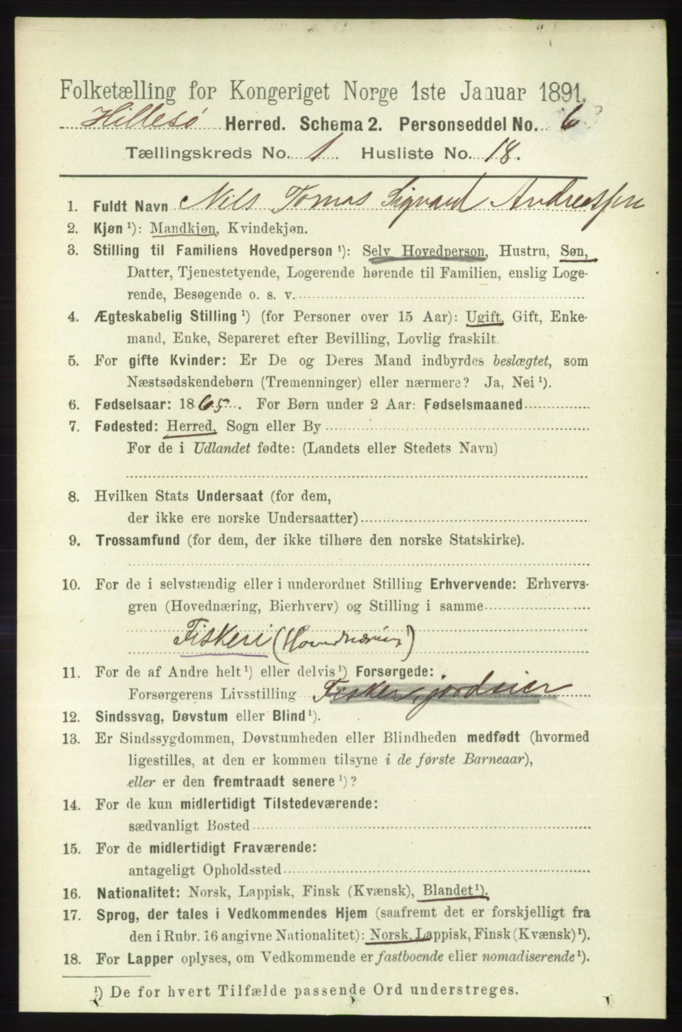 RA, Folketelling 1891 for 1930 Hillesøy herred, 1891, s. 198