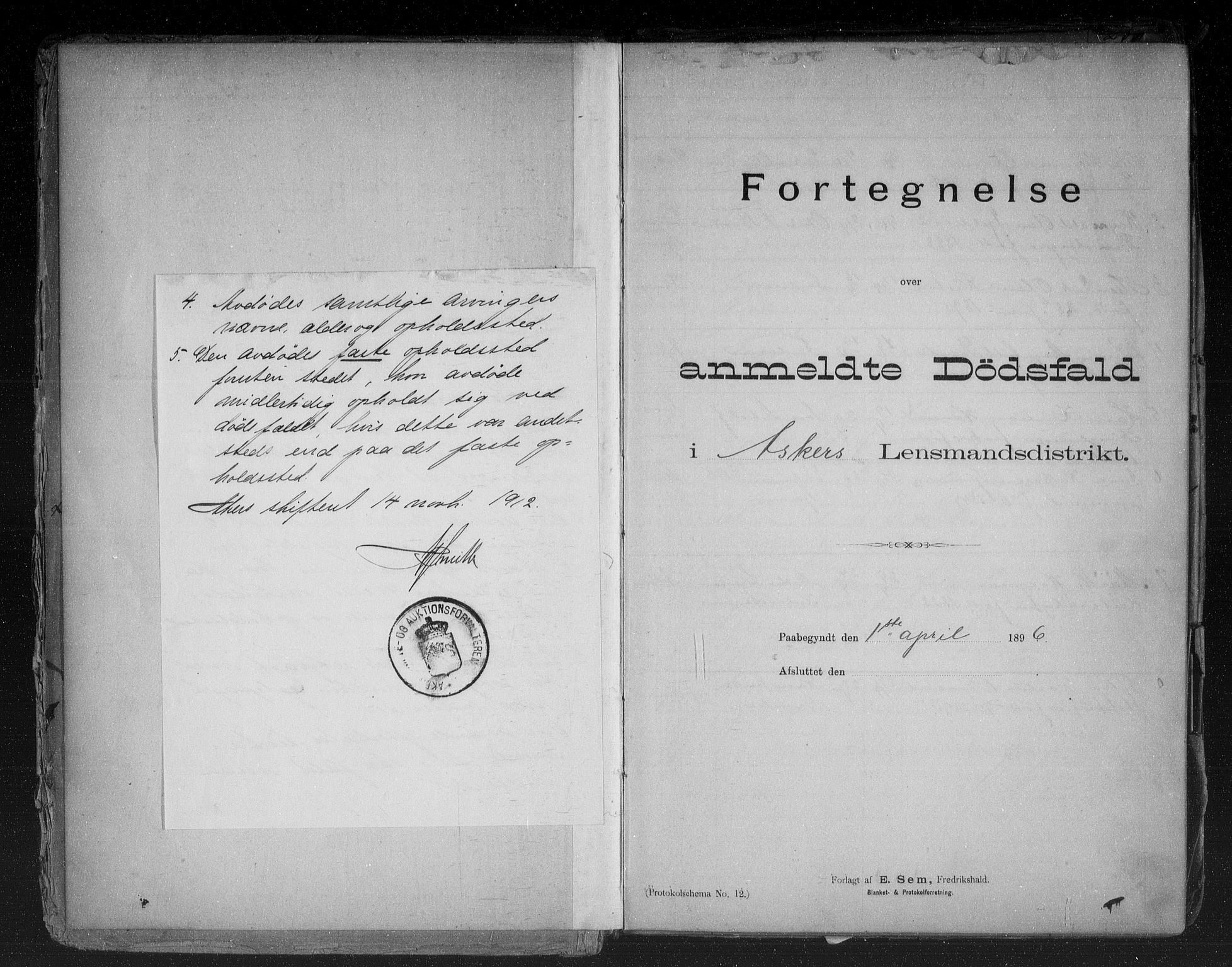 Asker lensmannskontor, SAO/A-10244/H/Ha/Haa/L0001: Dødsanmeldelsesprotokoll, 1896-1920