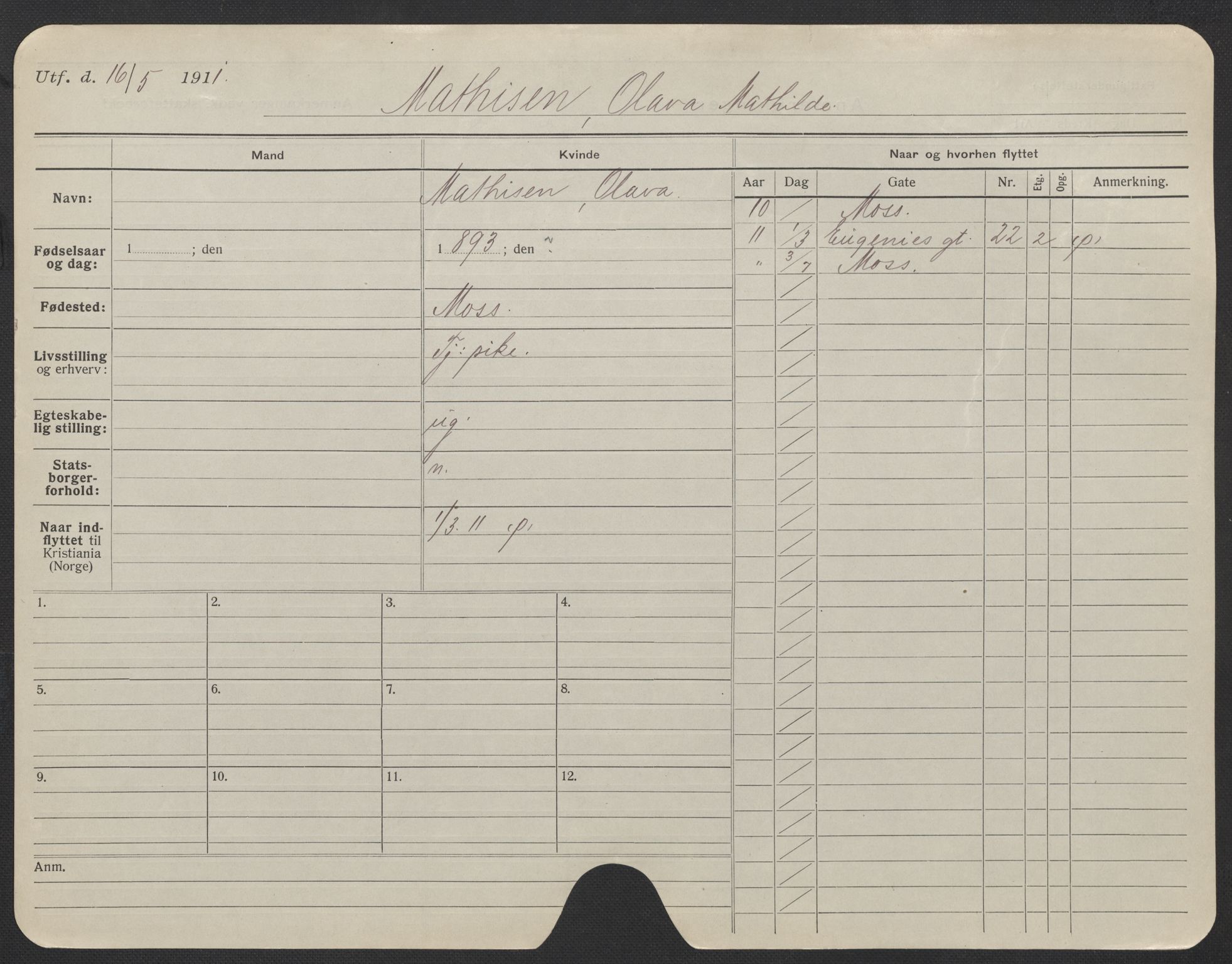 Oslo folkeregister, Registerkort, AV/SAO-A-11715/F/Fa/Fac/L0020: Kvinner, 1906-1914, s. 746a