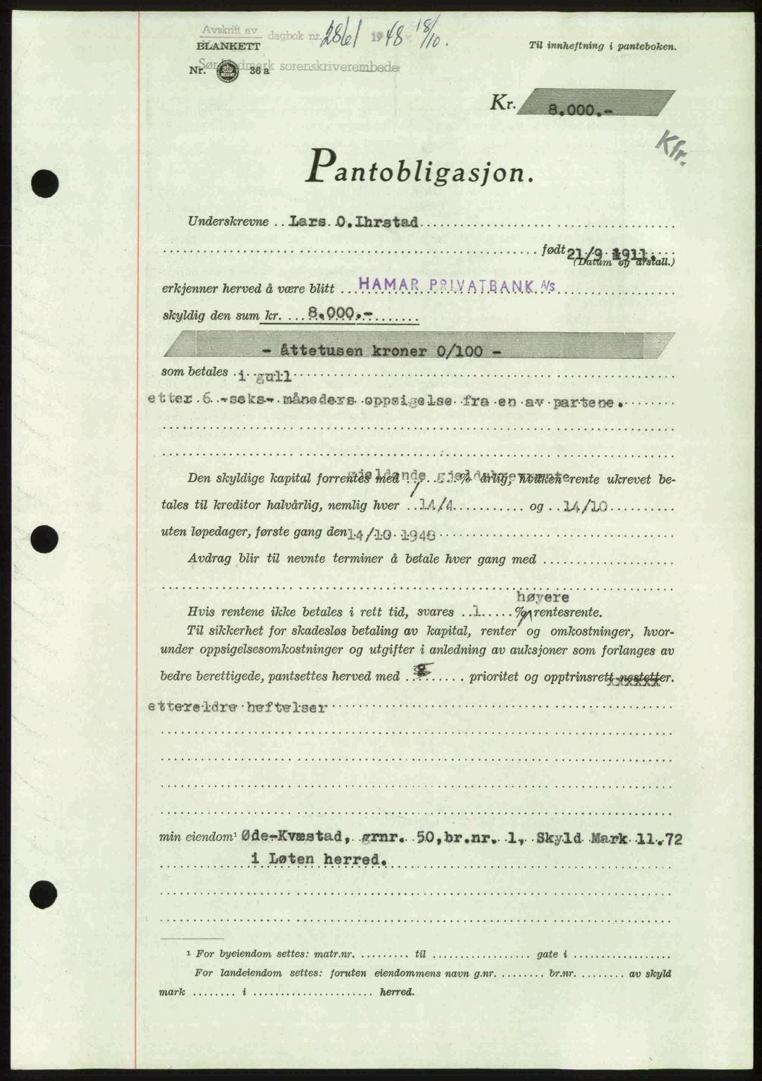 Sør-Hedmark sorenskriveri, SAH/TING-014/H/Hb/Hbd/L0018: Pantebok nr. 18, 1948-1949, Dagboknr: 2861/1948