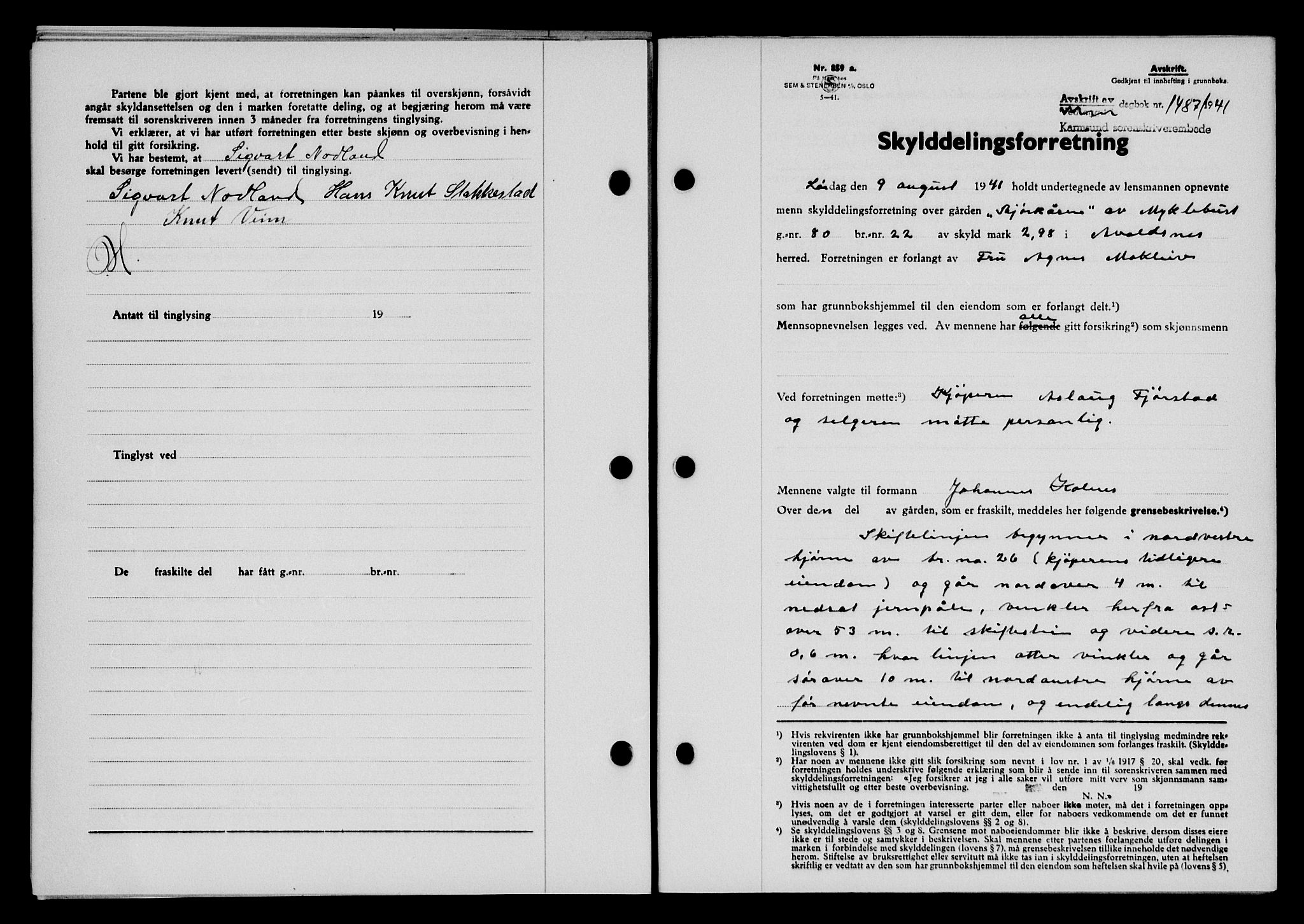 Karmsund sorenskriveri, SAST/A-100311/01/II/IIB/L0075: Pantebok nr. 56A, 1941-1941, Dagboknr: 1487/1941