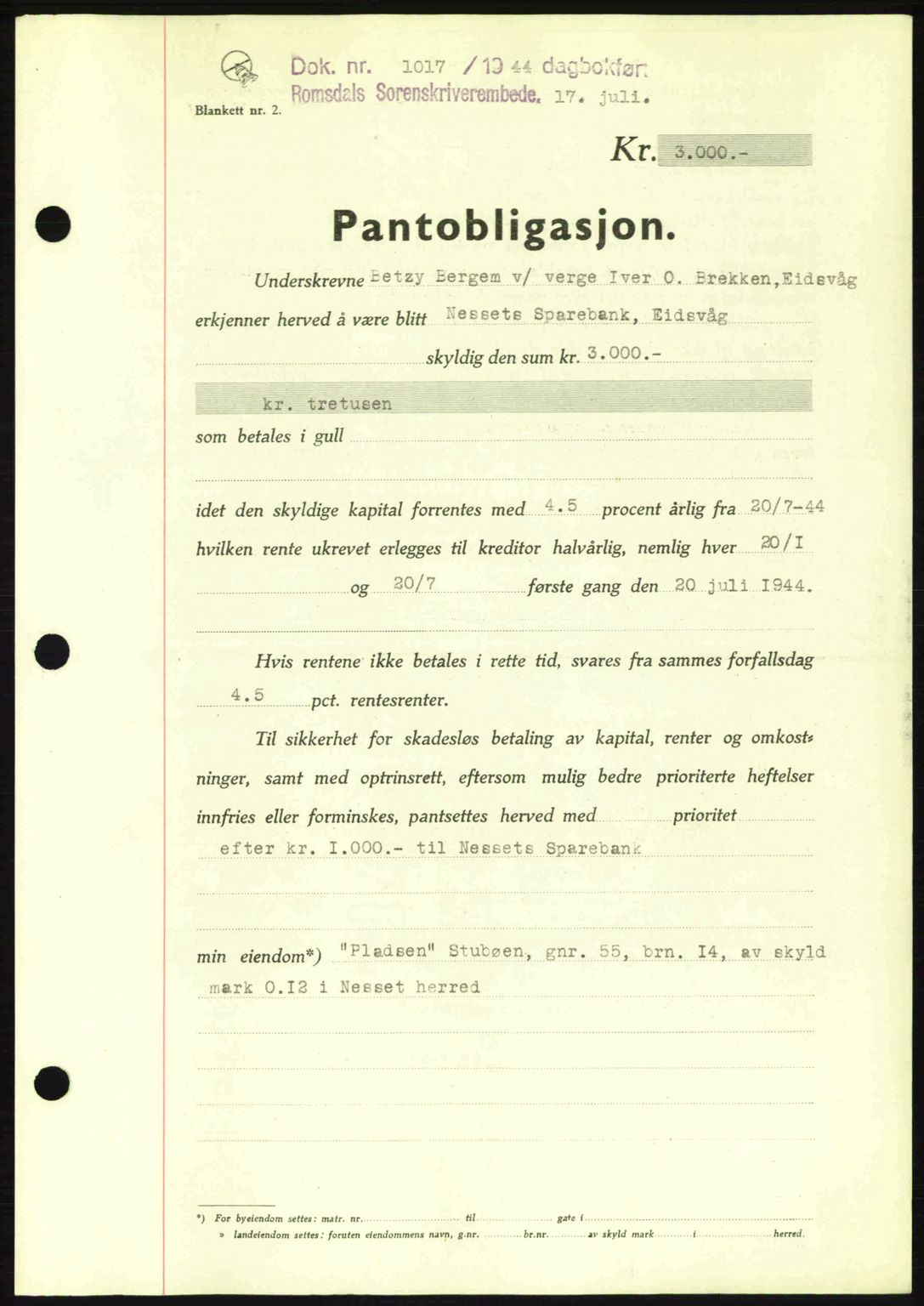 Romsdal sorenskriveri, SAT/A-4149/1/2/2C: Pantebok nr. B2, 1939-1945, Dagboknr: 1017/1944