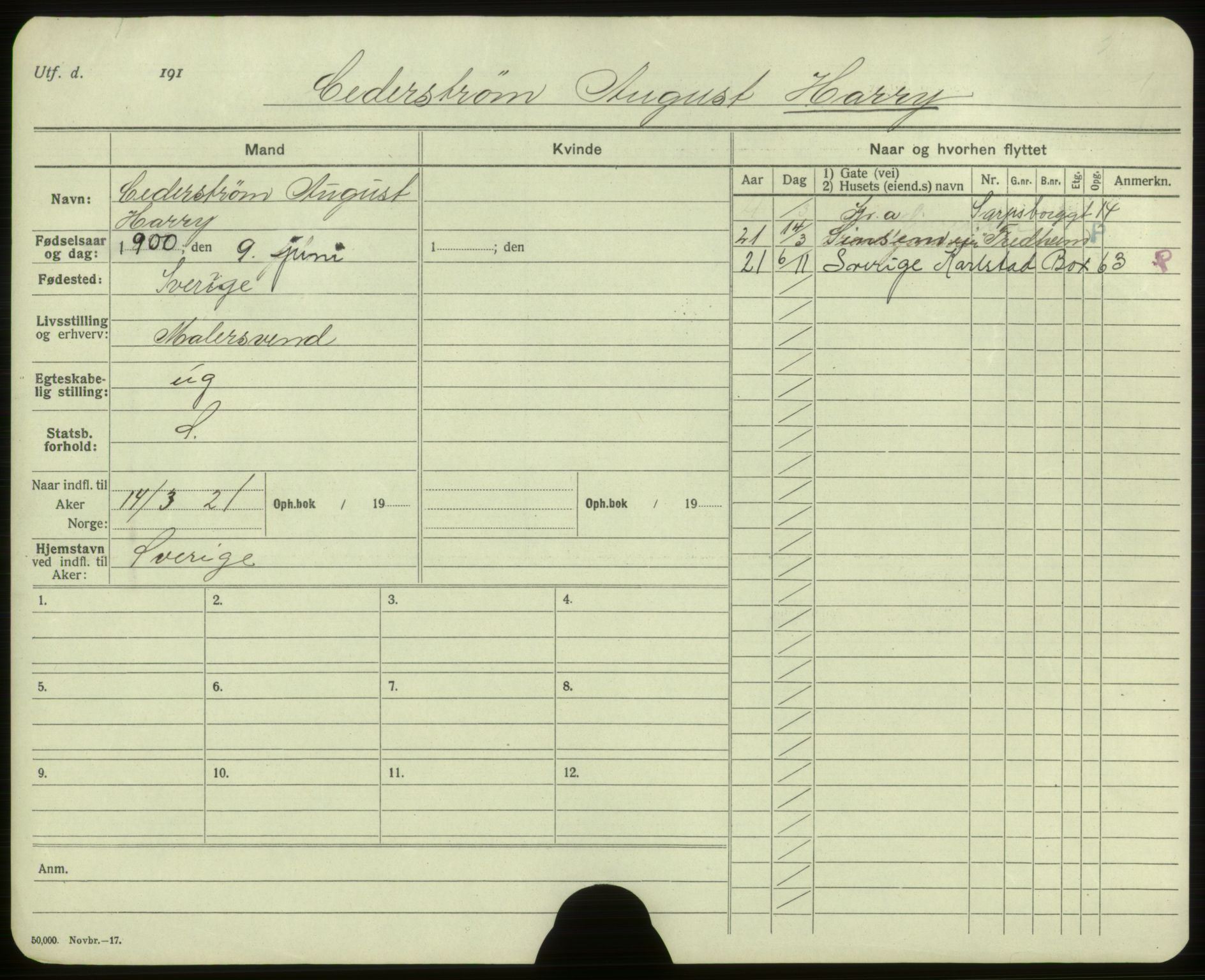 Oslo folkeregister, Registerkort, AV/SAO-A-11715/F/Fa/Faa/L0014: Menn, 1917-1922, s. 6