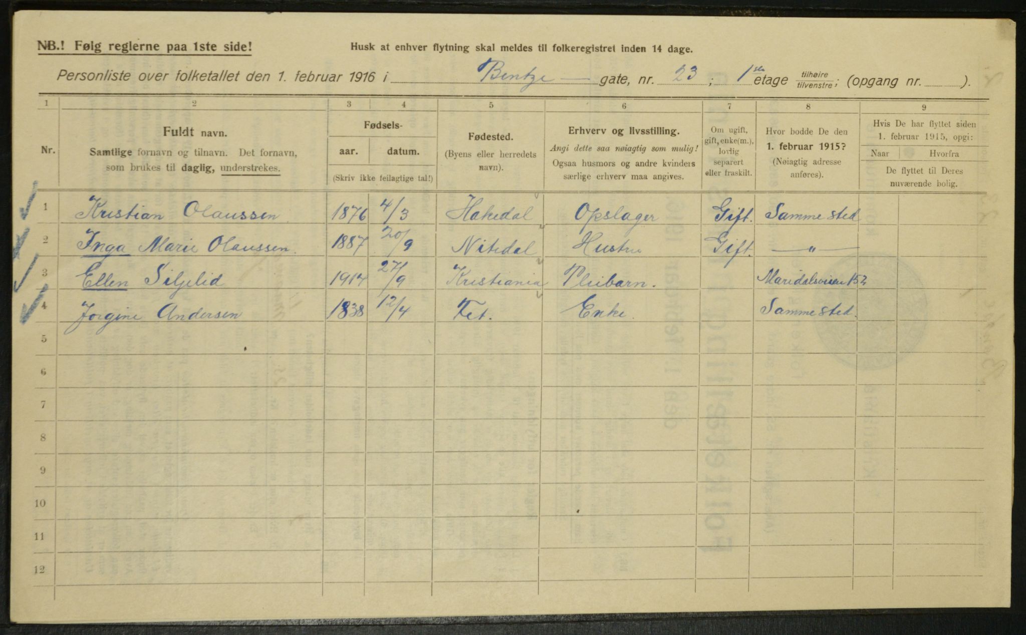 OBA, Kommunal folketelling 1.2.1916 for Kristiania, 1916, s. 3750