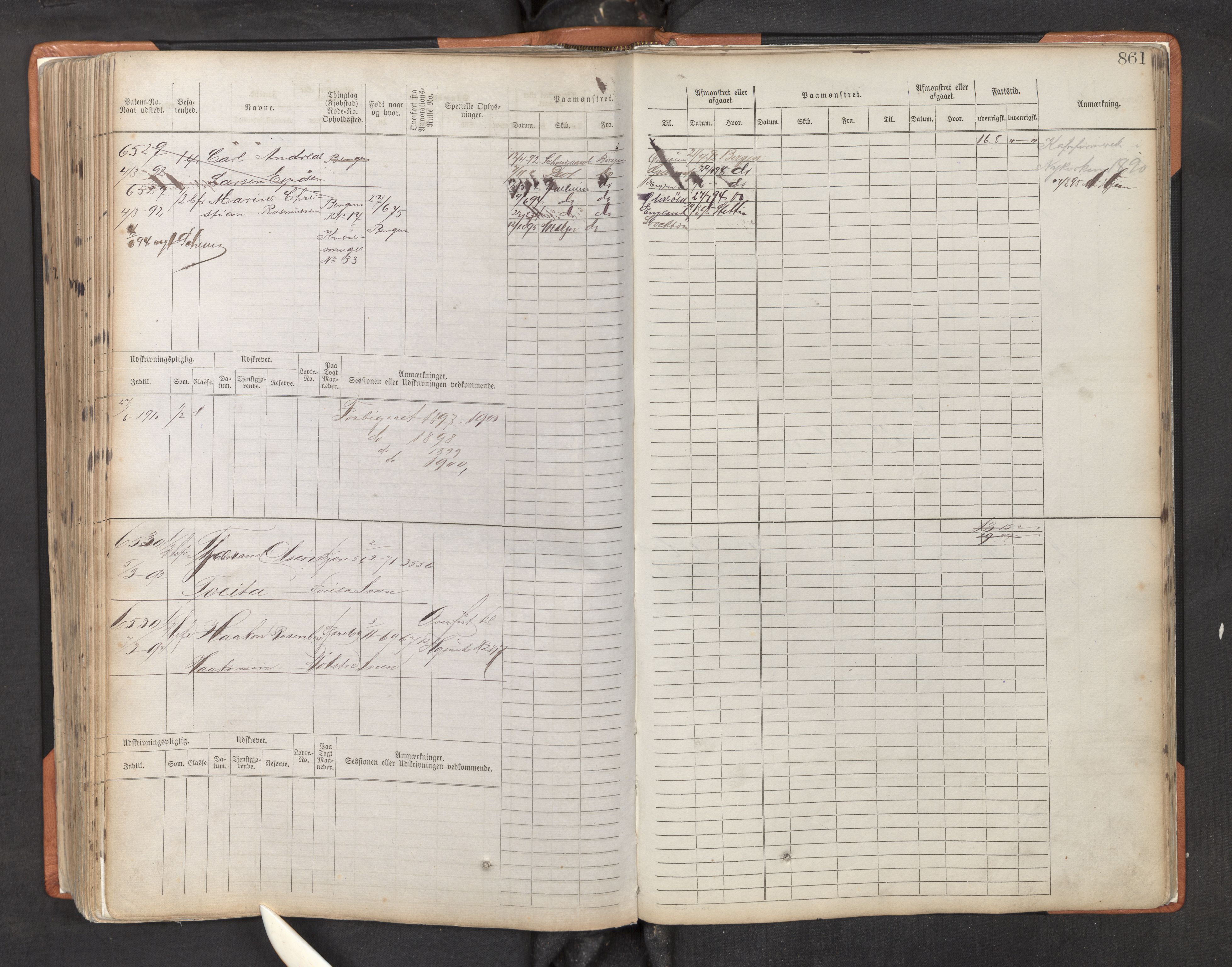 Innrulleringssjefen i Bergen, AV/SAB-A-100050/F/Fc/L0010: Sjøfartshovedrulle, nr. 6011 - 6610, 1889-1895, s. 861