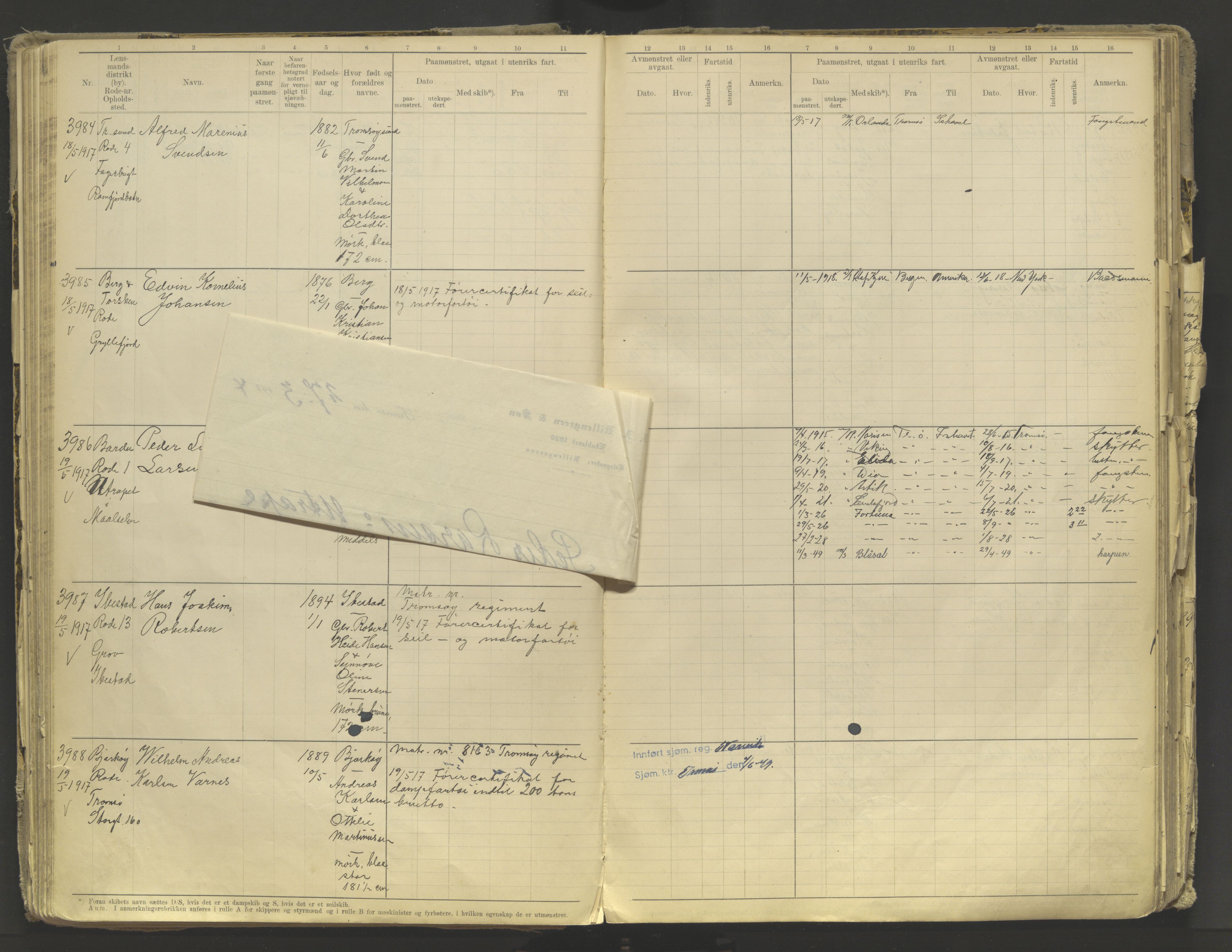 Tromsø sjømannskontor/innrullerings-/mønstringsdistrikt, AV/SATØ-S-0243/F/Fb/L0010: Annotasjonsrulle. Defekt: løs innbinding. Nr. 3519-4972, 1916-1920