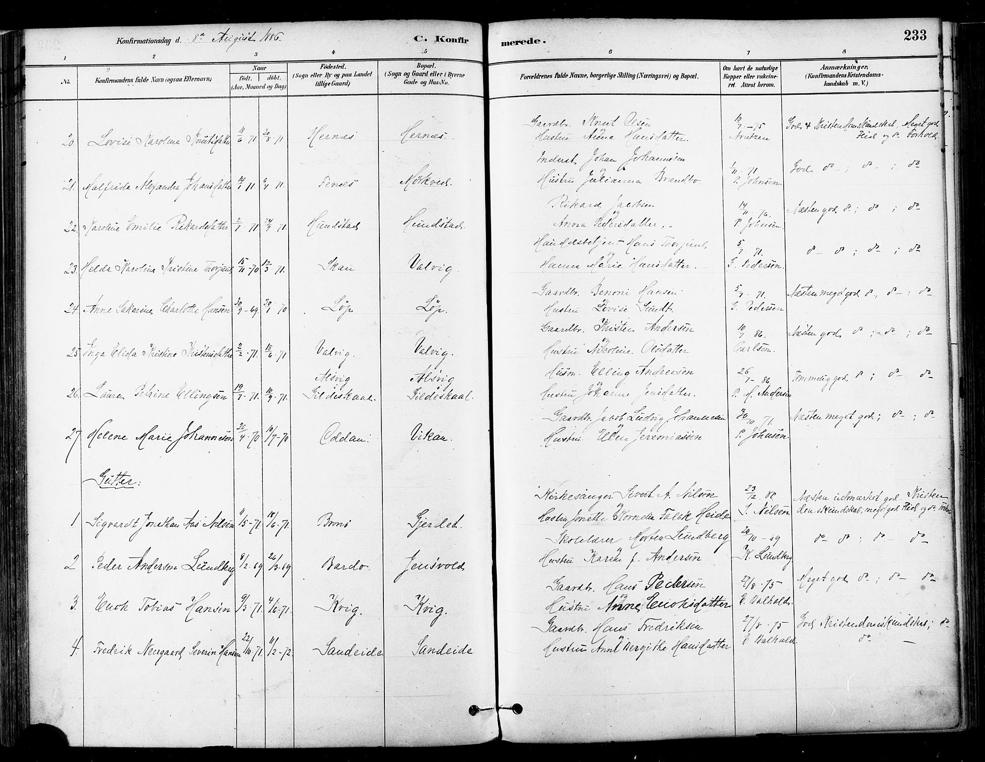 Ministerialprotokoller, klokkerbøker og fødselsregistre - Nordland, SAT/A-1459/802/L0054: Ministerialbok nr. 802A01, 1879-1893, s. 233