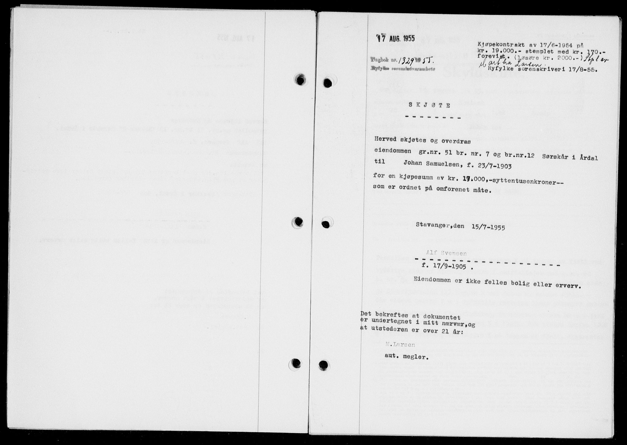 Ryfylke tingrett, SAST/A-100055/001/II/IIB/L0130: Pantebok nr. 109, 1955-1955, Dagboknr: 1329/1955